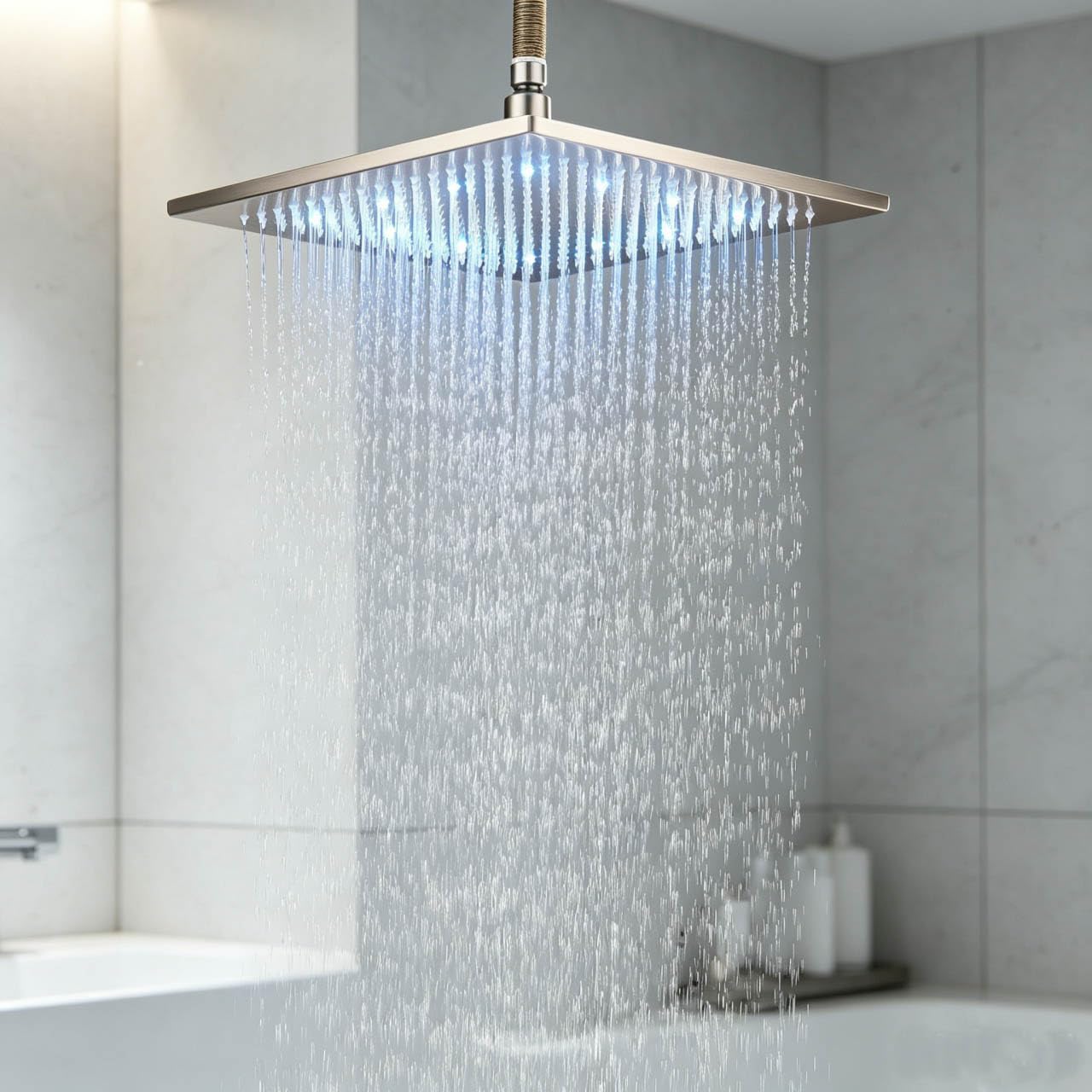 JUNSHENG Soffione Doccia Quadrato da 12”, Doccia a Pioggia con LED, Soffione Doccia Fisso (30x30cm) spazzolato
