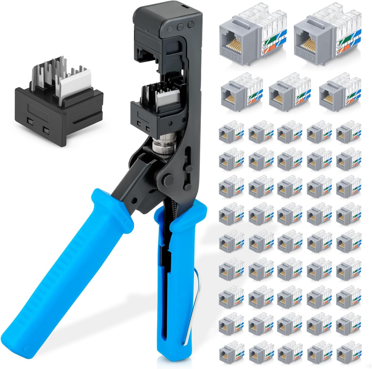 Bundle – 3 Items: easyJACK - 90° Angled Speed Termination Tool + Replacement Head + 90° Angled Cat6 Keystone Jacks in Gray (50 Pack)