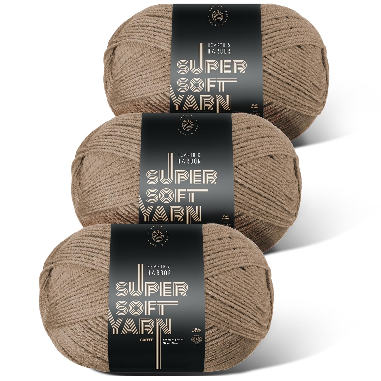 Acrylic Yarn for Crocheting & Knitting - Crochet Yarn for Crocheting, Knitting Yarn, Soft Yarn for Crocheting, 3 Pack of 370 Yards Yarn for Knitting & Amigurumi, Medium Worsted Weight Yarn 4, Brown
