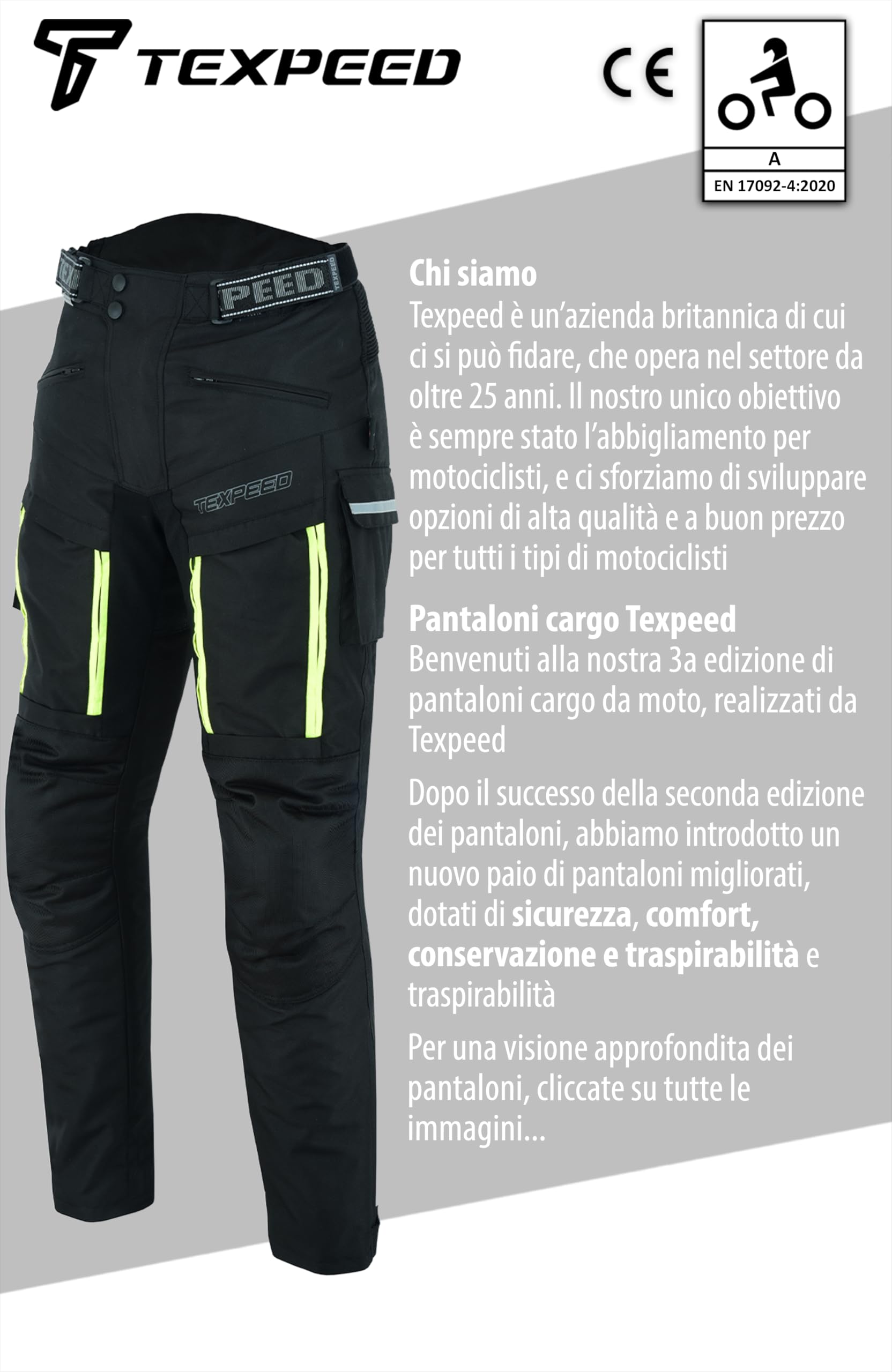 Texpeed pantaloni da moto uomo con protezioni - rinforzati per motociclismo - inverno invernale/Estate resistenti e impermeabili - Con armatura CE (EN 1621-1) - Nero - L