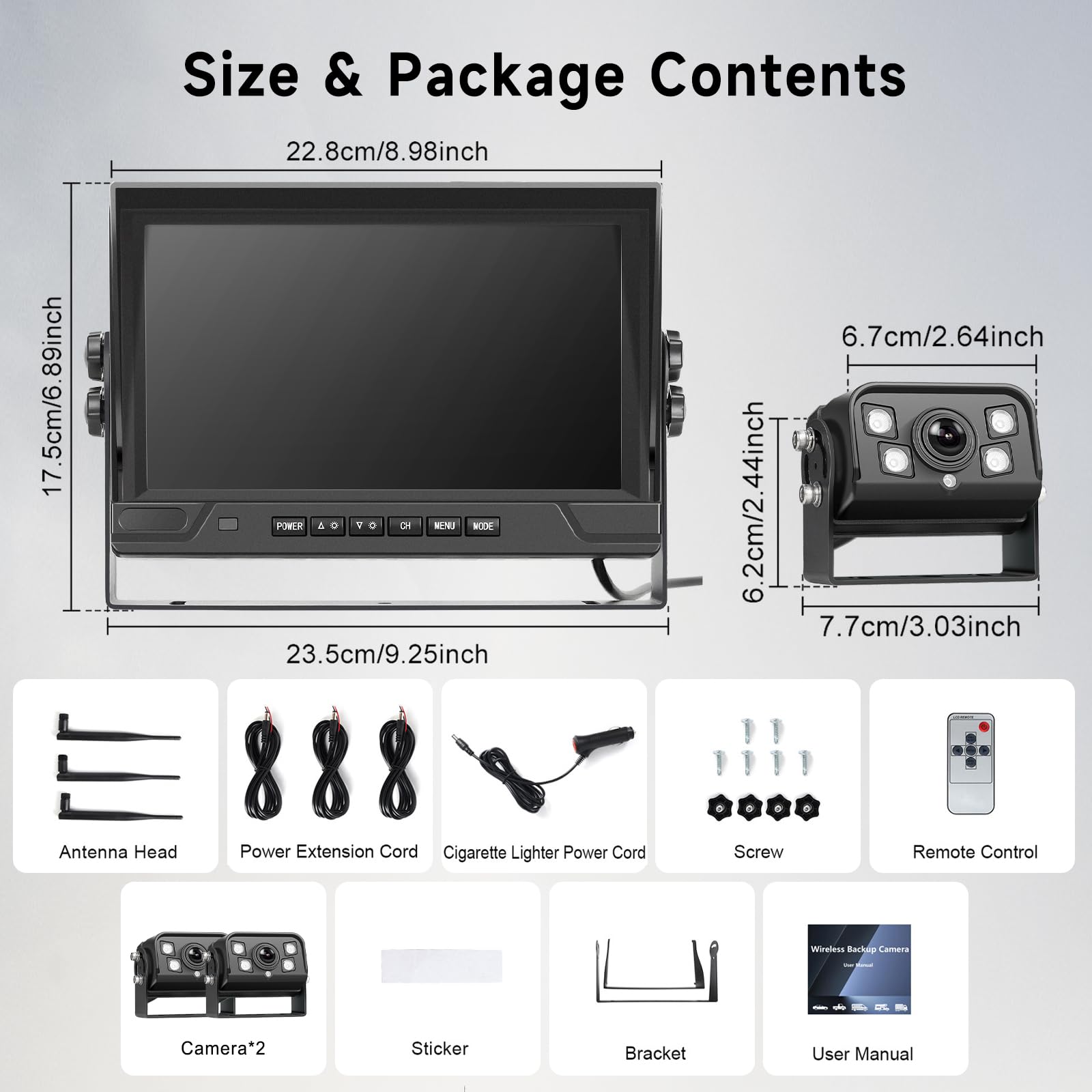 Podofo 2 caméras de recul sans Fil avec écran 9" IPS, caméras de recul HD pour Camion, remorque, Camping-Car, Bus, Enregistrement en Boucle, IP68, étanche BSD Dash Cam