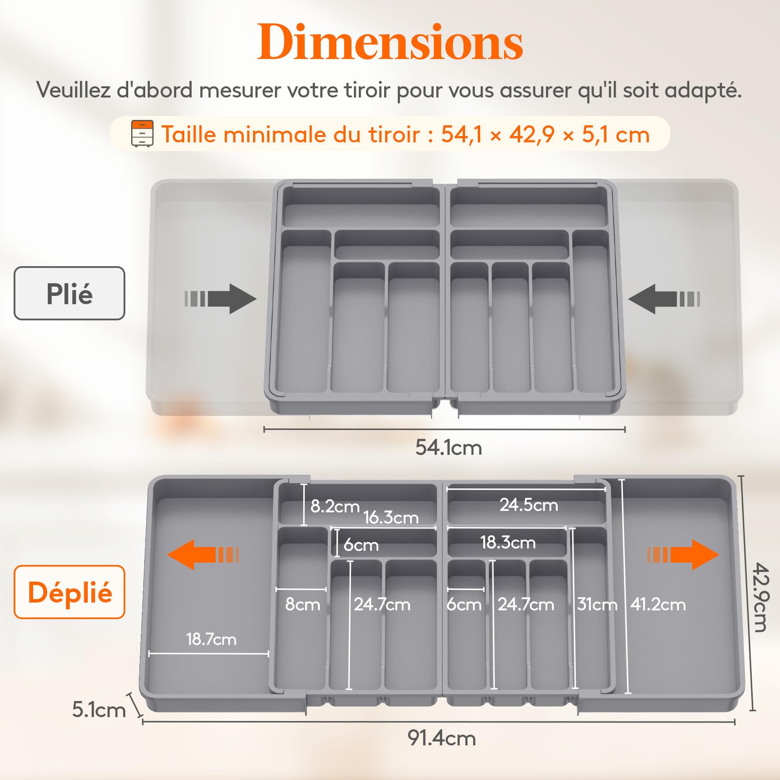 Lifewit Grand Range Couverts, Rangement Couvert Tiroir Cuisine, Extensible de 54.1 jusqu'à 91,4 cm de Large, Organisateur en Plastique pour Couverts, Cuillères, Fourchettes, Couteaux, Gris