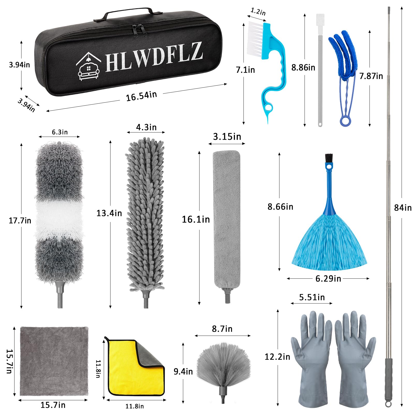 Kit de plumero de microfibra de 27 piezas con poste de extensión de 30 a 100 pulgadas y trapeador limpiador de pared, lavable y flexible para limpiar ventiladores de techo, techos altos,