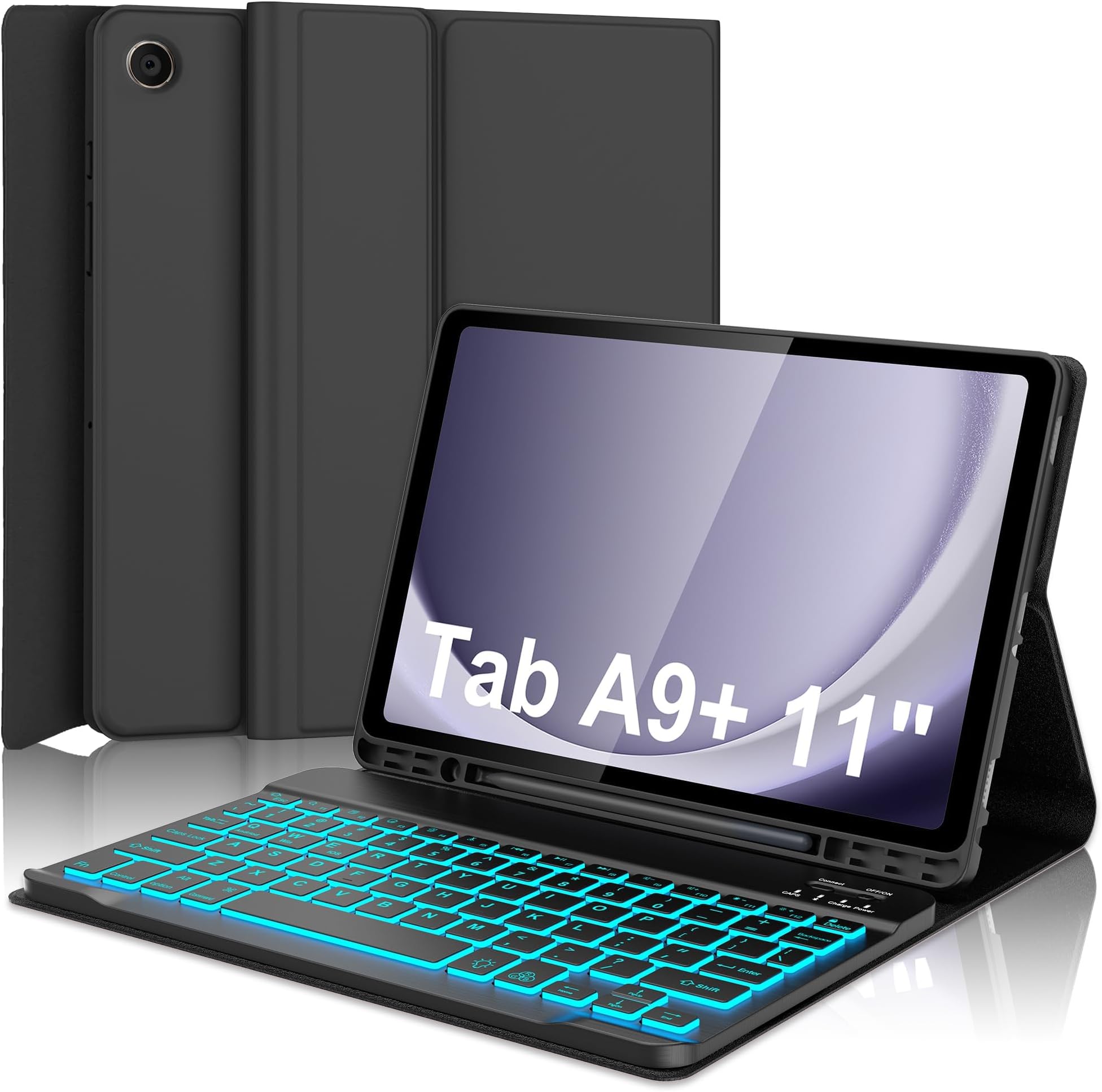 Galaxy Tab A9 Plus Case with Keyboard 11 inch, 7 Colors Backlit, Detachable Wireless Bluetooth Keyboard,Slim Smart Folio Cover with S Pen Holder for A9+ 5G (SM-X210/X216/X218), Auto Sleep/Wake, Black