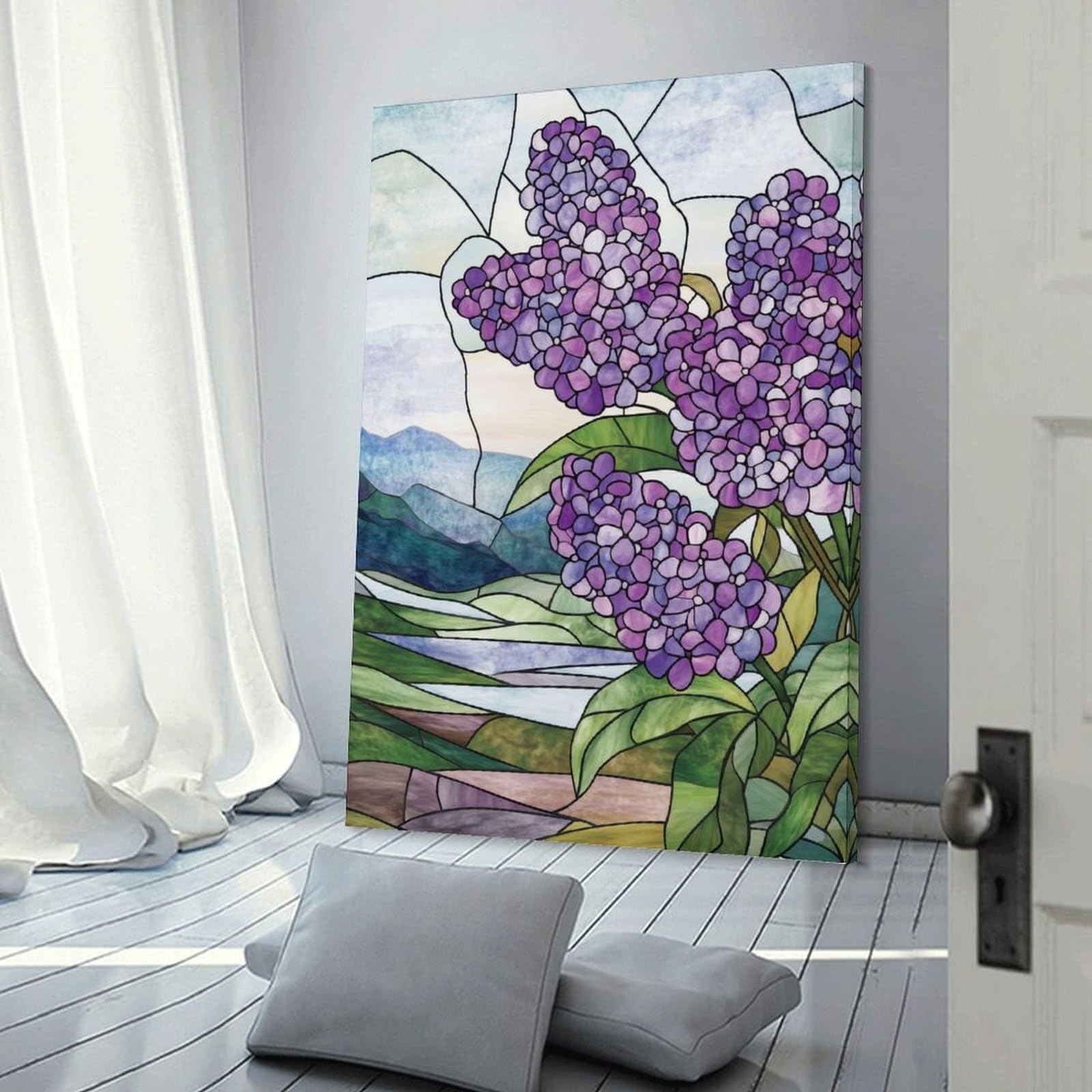Junmoney Lilac Stained Glass Canvas Art Print 24x36inch(60x90cm), for Art Walls, Layered Displays Or Homes, Decorative Artwork with Flexible Styling