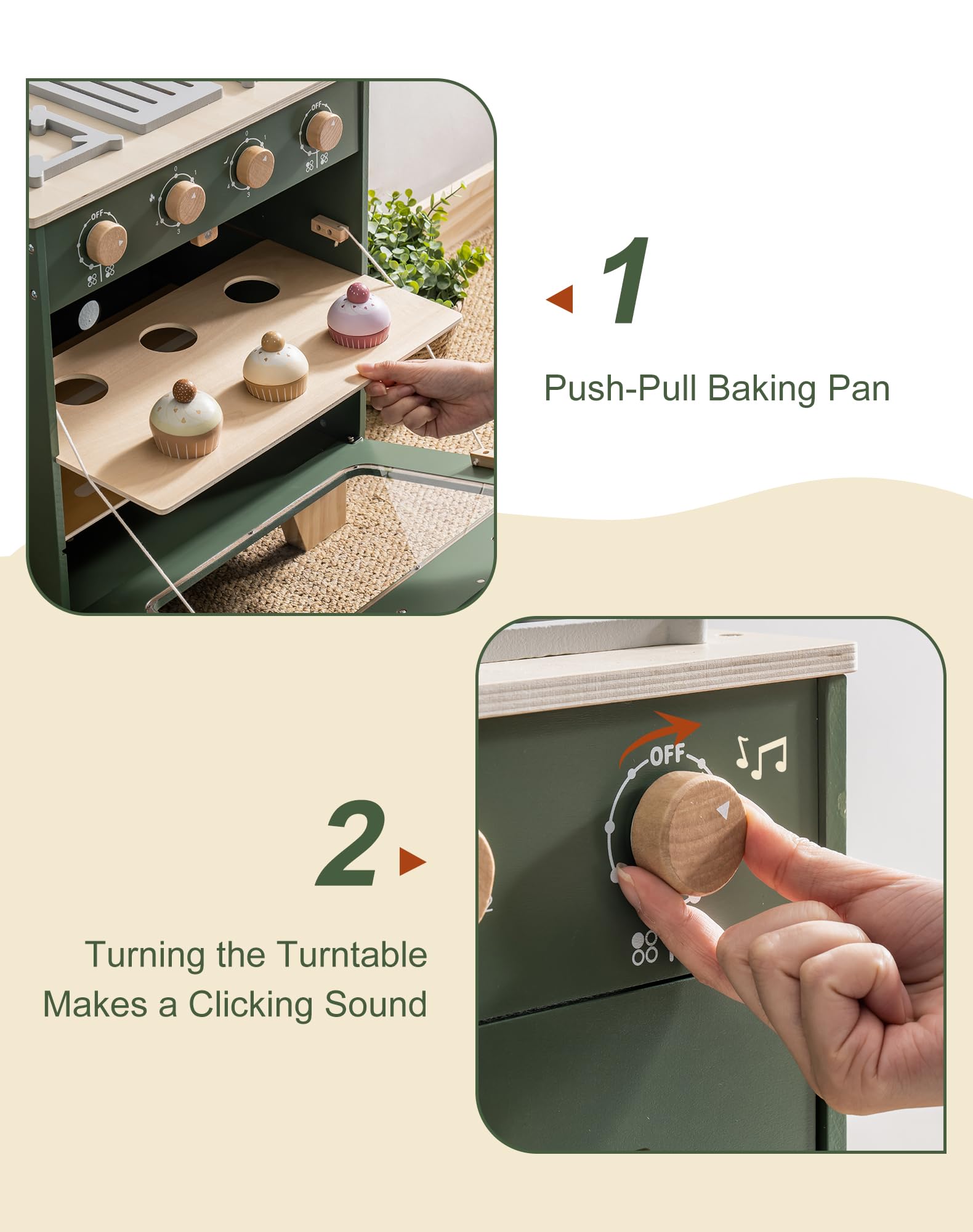 Juego de cocina de juguete de madera, juego de cocina para niños con comida de juguete, horno de juguete de madera para niños pequeños y niñas (verde vintage) 7