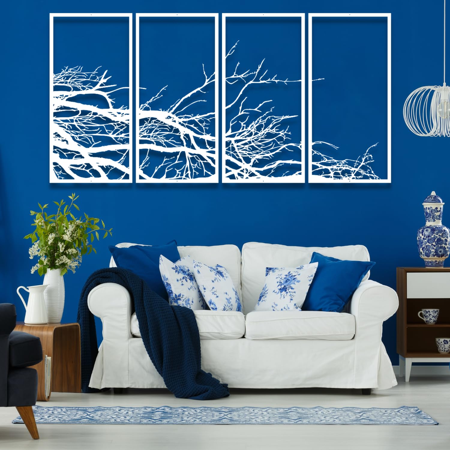Decoración de Pared de Metal, árbol de la Vida, árbol genealógico, 4 Paneles, árbol Grande, decoración para el hogar, Sala de Estar (Plateado, 40" x 20" | 100 x 50 cm)