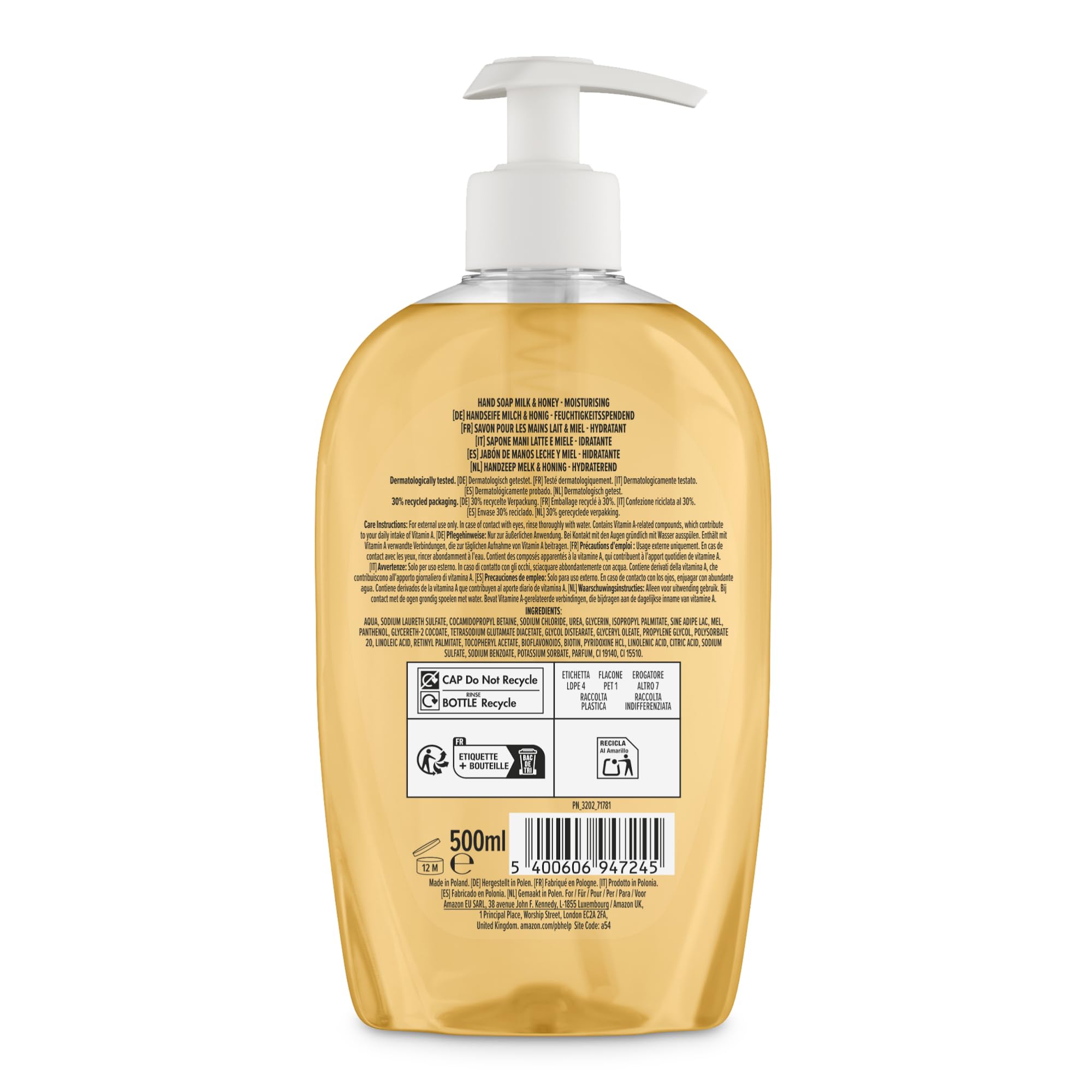 by Amazon Jabón de manos con miel y leche, 4 x 500 ml