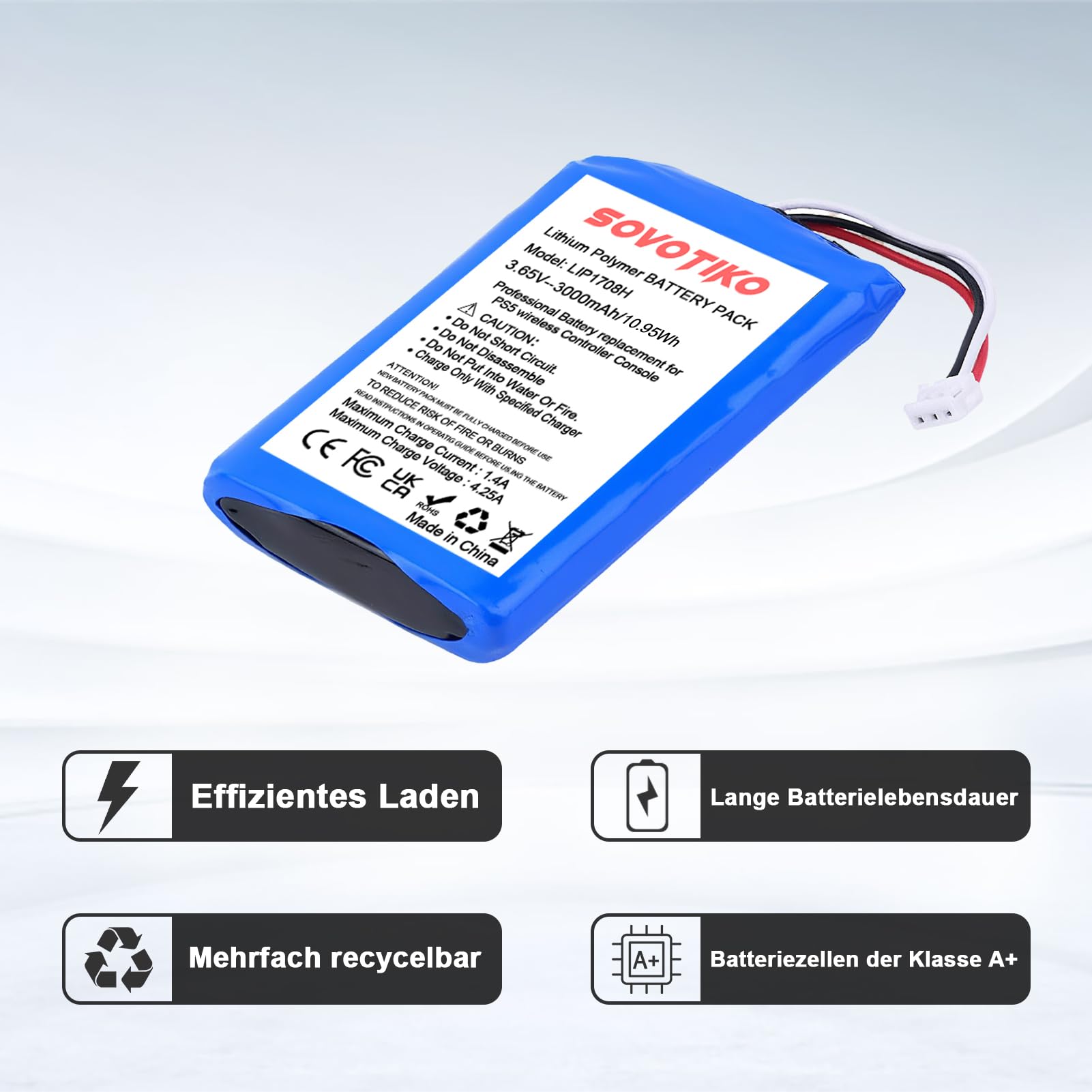 2 Stück High-Performance Li-Ionen Ersatzakkus für PS5-Controller, LIP1708H 3000mAh wiederaufladbarer Akku für Sony PlayStation 5 DualSense Controller CFI-ZCT1W