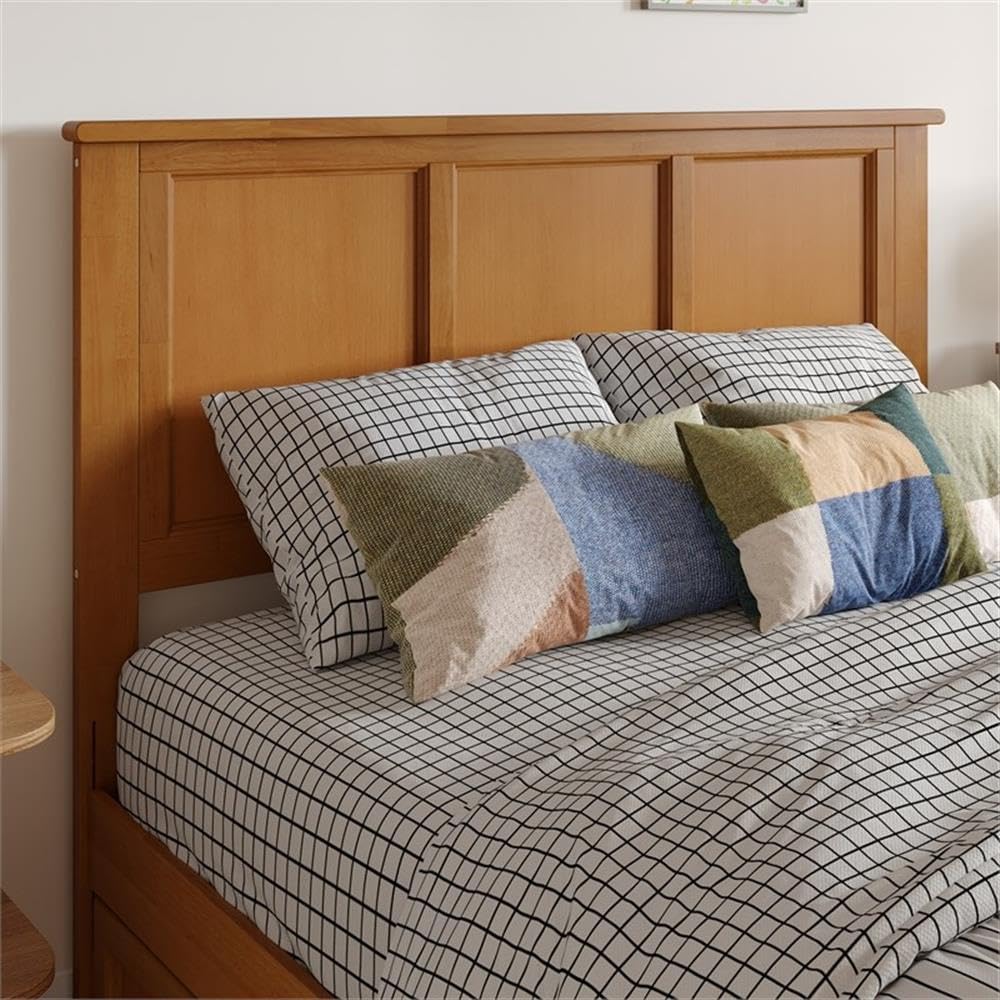 Pemberly Row Full Contemporary Solid Wood Panel Headboard, 41.38" H x 57.75" W, Light Toffee Finish, USB Charging Ports, Classic Design, Fits Standard Metal Bed Frames, Durable Bedroom Furniture