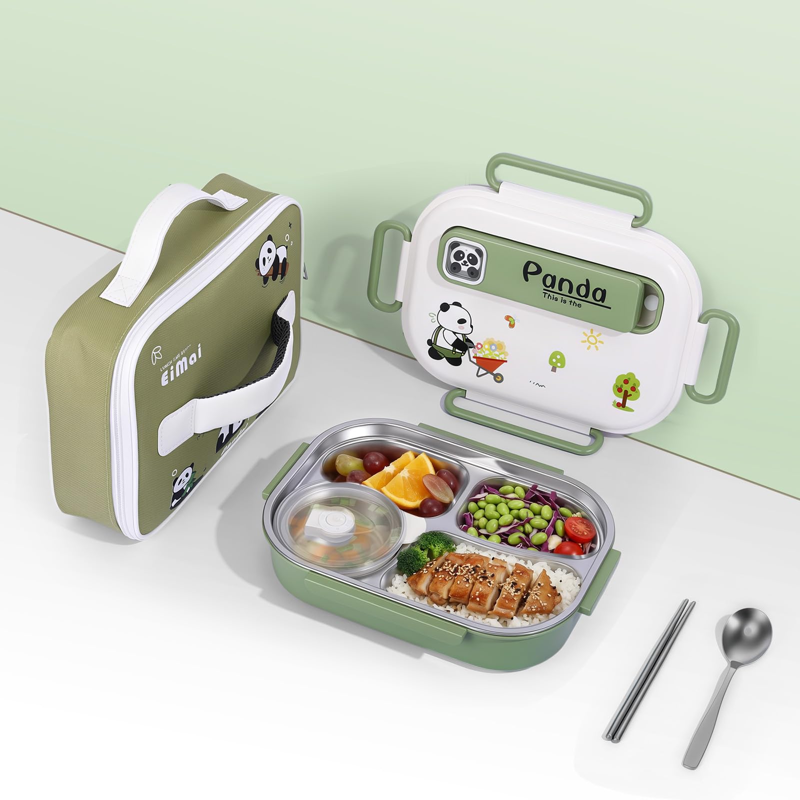 Fiambrera isotérmica de acero inoxidable 316 de gran capacidad (1,55 L) con 4 compartimentos. Incluye tazón para sopa, palillos, cuchara y bolsa.
