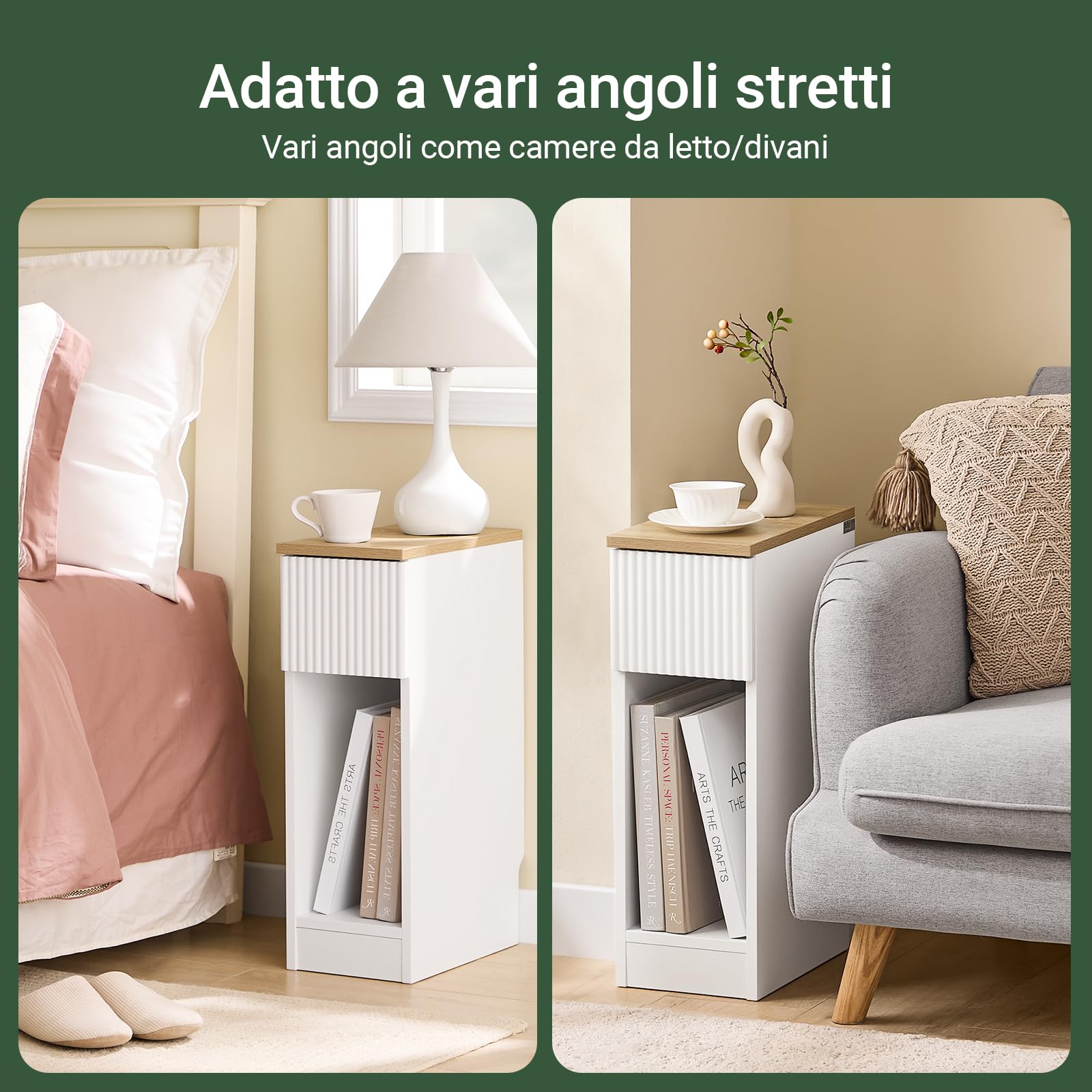 SoBuy comodino camera da letto 20 cm, tavolino da letto e tavolino salotto con cassetto fisso e frontale a onde, tavolino salvaspazio per camera e piccoli ambienti, Bianco, 20x35x60 cm, FBT111-W