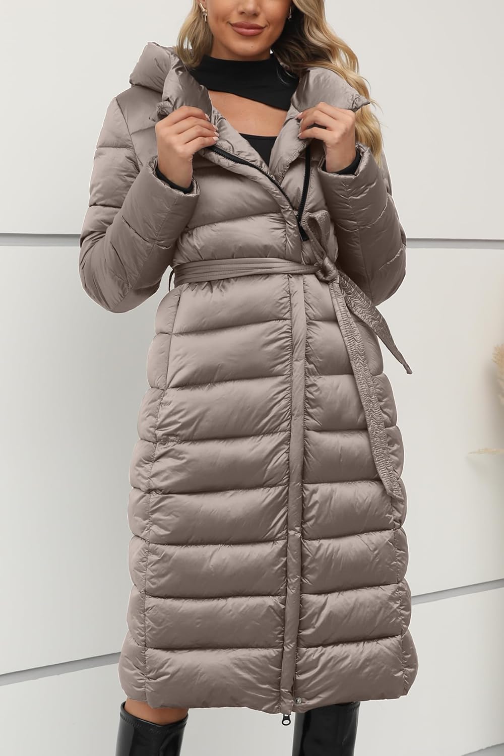 Bellivera Women's Puffer Jacket - Lightweight Quilted Hooded Long Coat With Belt