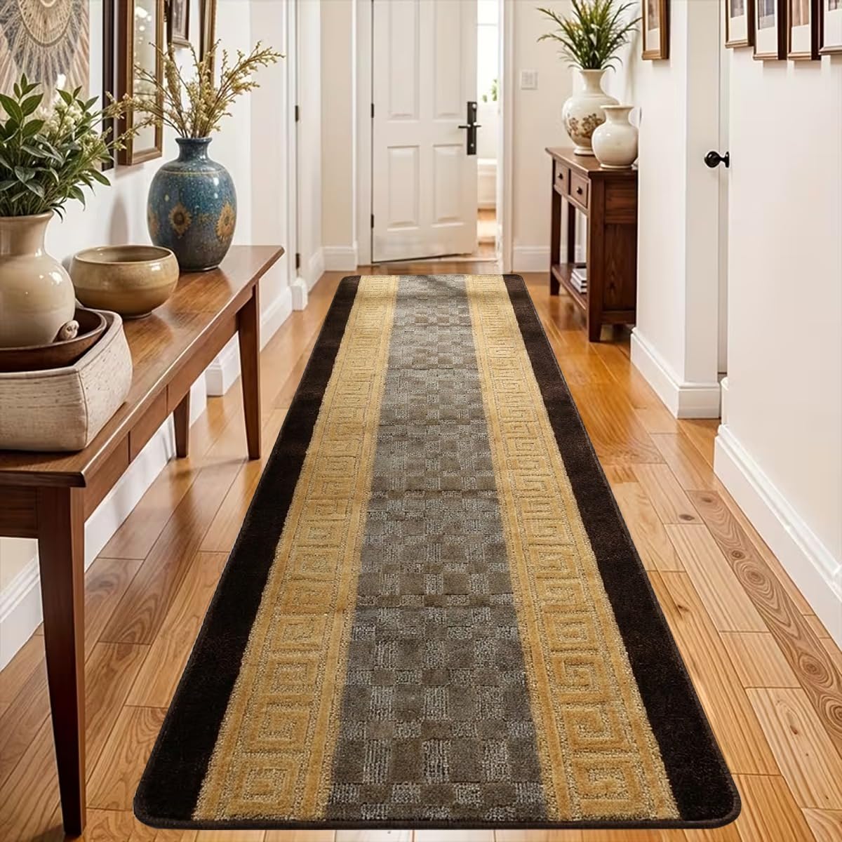 PHP Non-Slip Area Rug, 80 x 150 cm Washable, Heavy Duty Floor Protector Anti Slip Hallway Large Rug for Indoor Outdoor Hall Bedroom and Kitchen - Brown Beige
