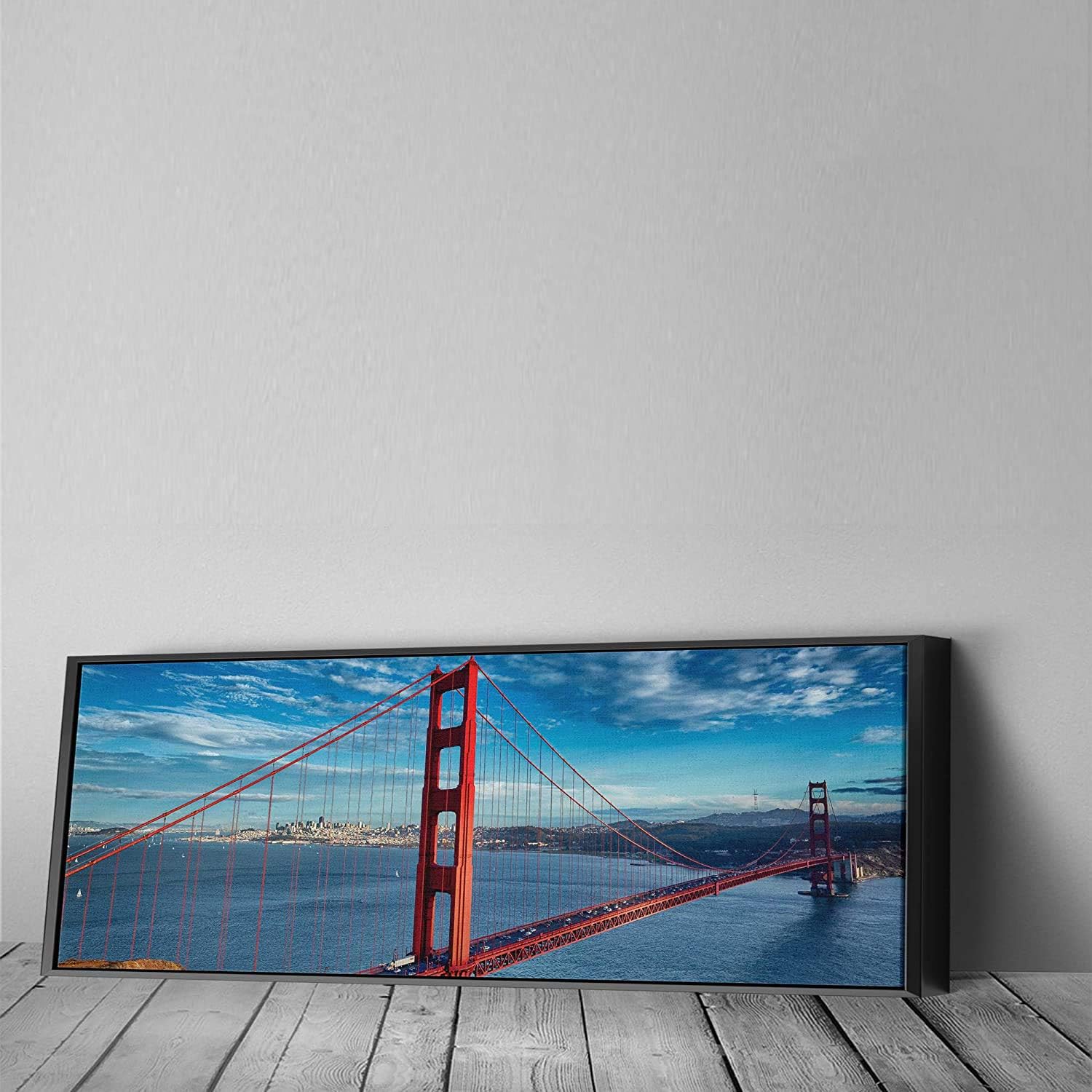 City Skyline Canvas Art Wall Art Home Decor Panoramic or Multiple Panel Canvas Art (16in x 36in Modern Black Framed, San Francisco Golden Gate Bridge)