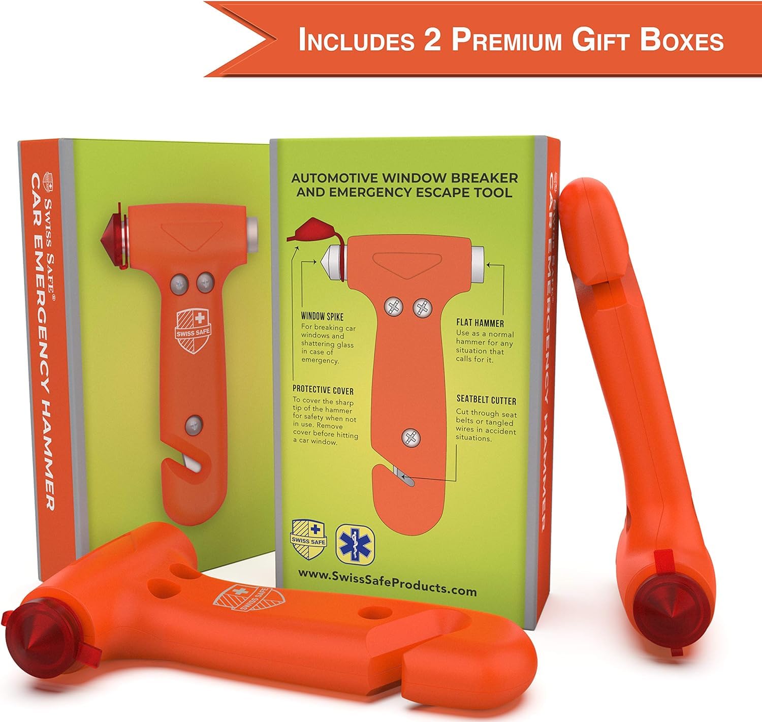 Swiss Safe 5-in-1-Auto-Sicherheits-Hammer (2-Pack), Notfall-Entweichen-Werkzeug mit Auto-Fenster-Unterbrecher und Gurtschneider für Ersthelfer und Pannensicherheit Kits