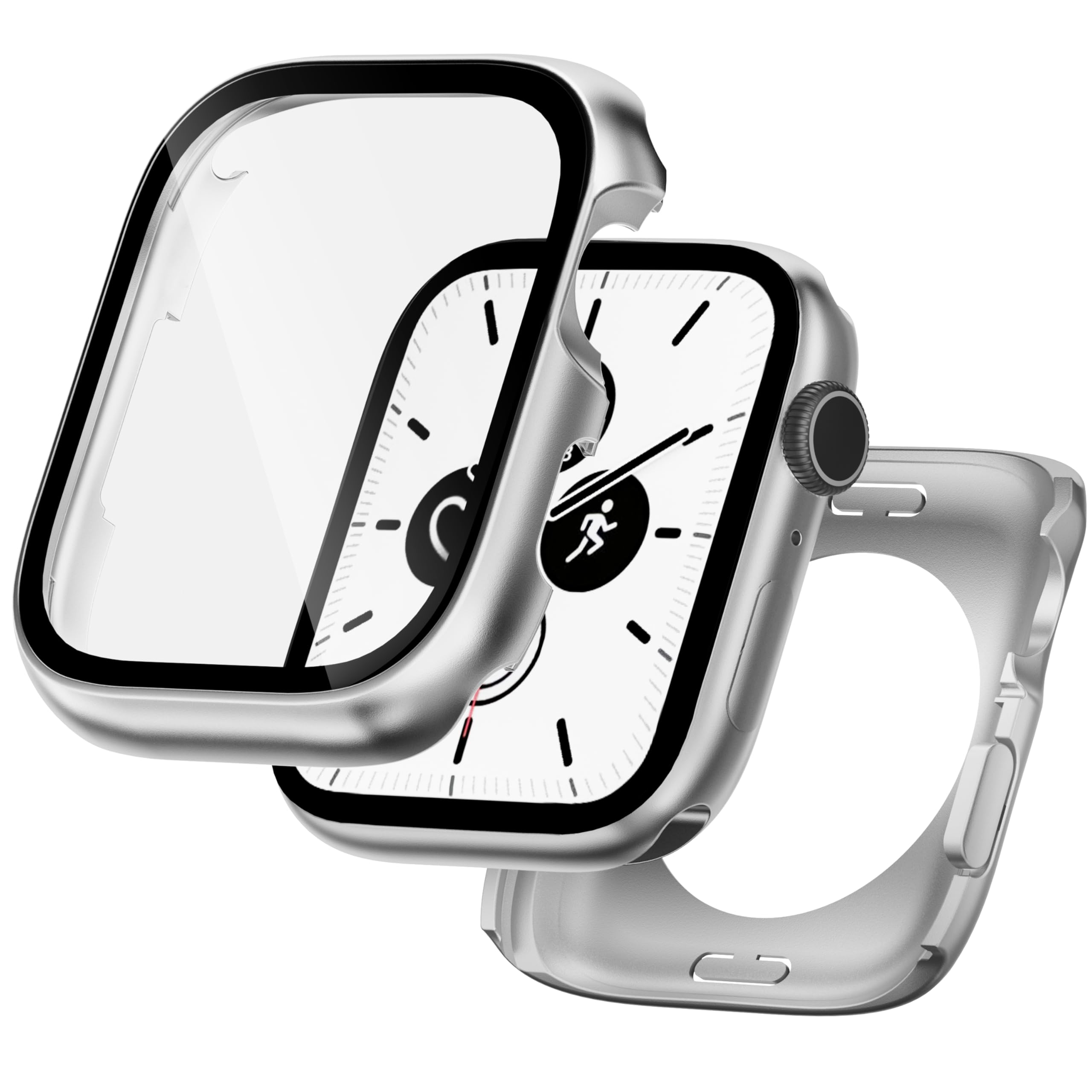 Kawoco 2 in 1 Metall Hülle für Apple Watch Series 11/10/9/8/7/SE3/SE2/SE/6/5/4 40mm 41mm 44mm 45mm 42mm 46mm Rundumschutz mit Metallrückseite,Mit eingebauter gehärteter Glass Schutzfolie für iwatch