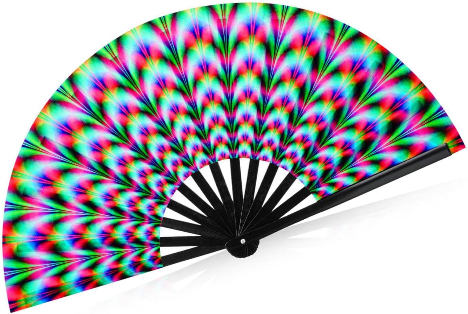 YinkinLarge Rave Fan Folding Hand Fan with Fabric Bag Clack Colorful Holographic Rave Fan for Men Women Bamboo Ribs Decorative Accessories Gifts for Festival Music Dancing Parties