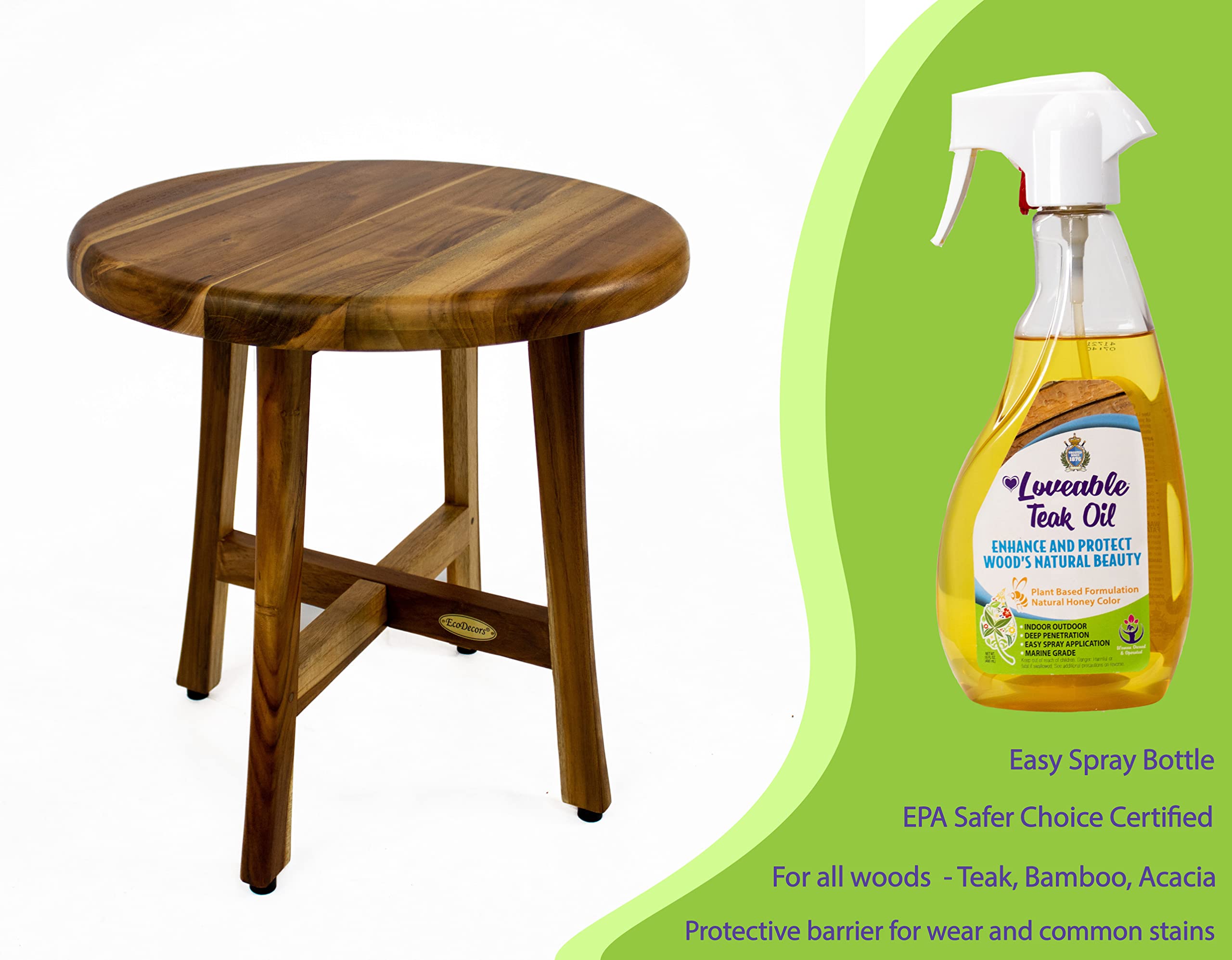 EcoDecors Shoji 18in Teak Wood Round Shower Seat or Side Table - with Loveable Teak Conditioning Oil