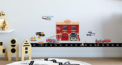 Miniatura 2 de Calcomanías de pared para el departamento de bomberos, decoración de pared para dormitorio de niños, camión de bomberos y vehículos de emergencia,