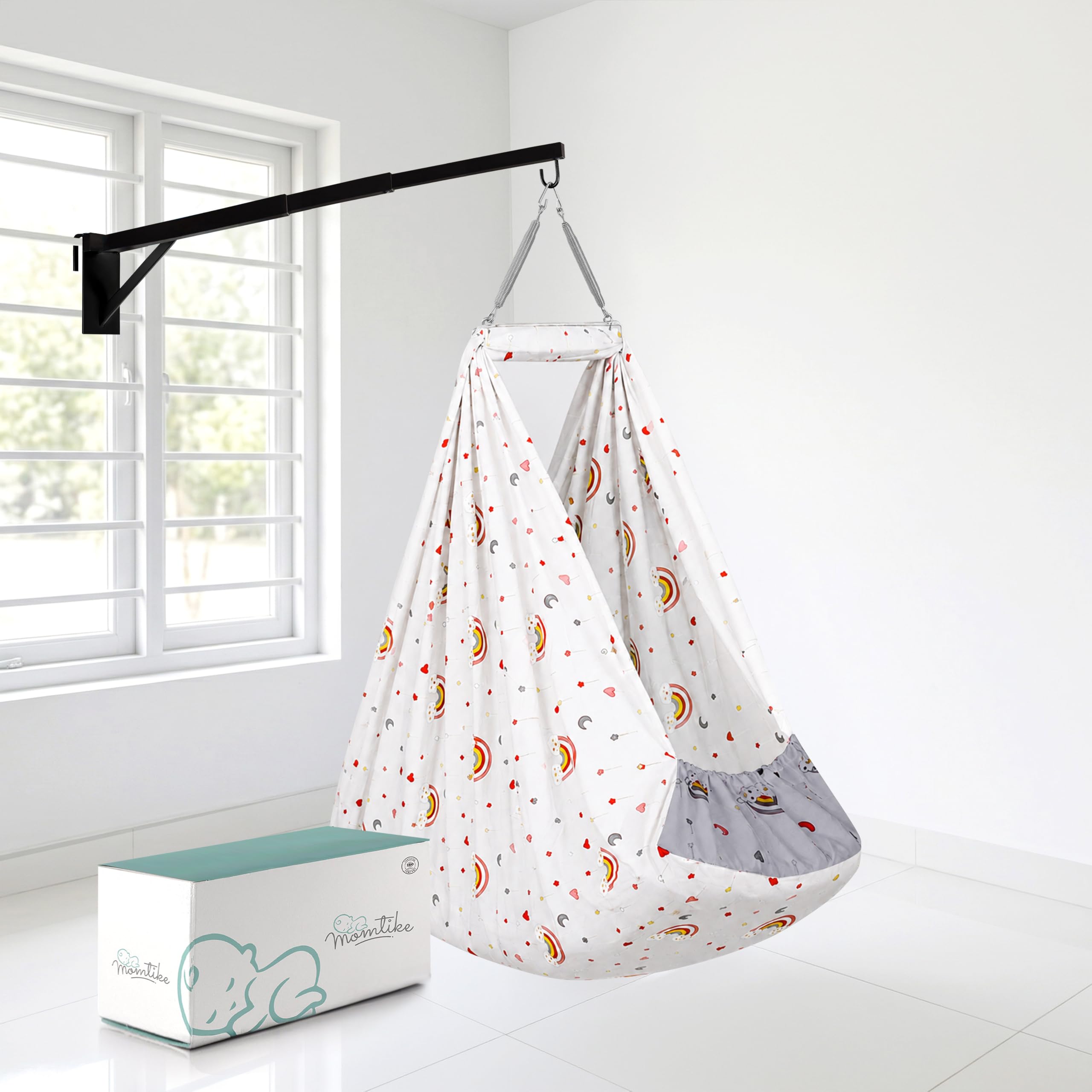Cotton Cradle for Baby Swing for Newborns,Foldable Window Hanger with Sliding Lock,Hanger Spring,Mosquito Net & Mattress with Insert Pocket,Jhoola,Thottil,Joli,Jokali,Onjal-Ash Grey Light-image-47