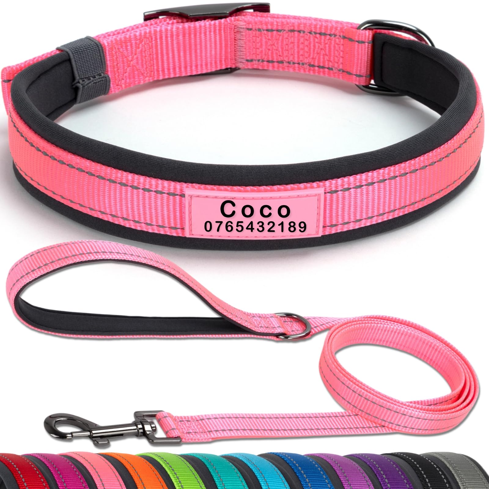 SEOUGEE Personalised Dog Collar and Lead Set | Durable Metal Buckle | Ultra Wide Soft Neoprene Padded | Adjustable Reflective Dog Collar for Small Medium Dogs (S, Pink Set 26-36cm)
