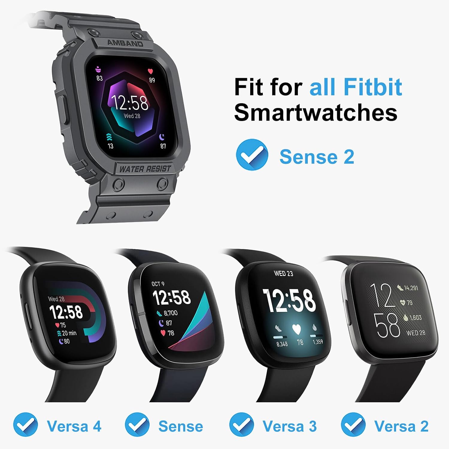 amBand Compatible for Fitbit Versa 4/3/2/ Fitbit Versa Lite/Fitbit Sense 2/ Fitbit Sense Bands with Case, Protective Smartwatch Case Strap Rugged Sport Protector Wristbands Men Gray image 2