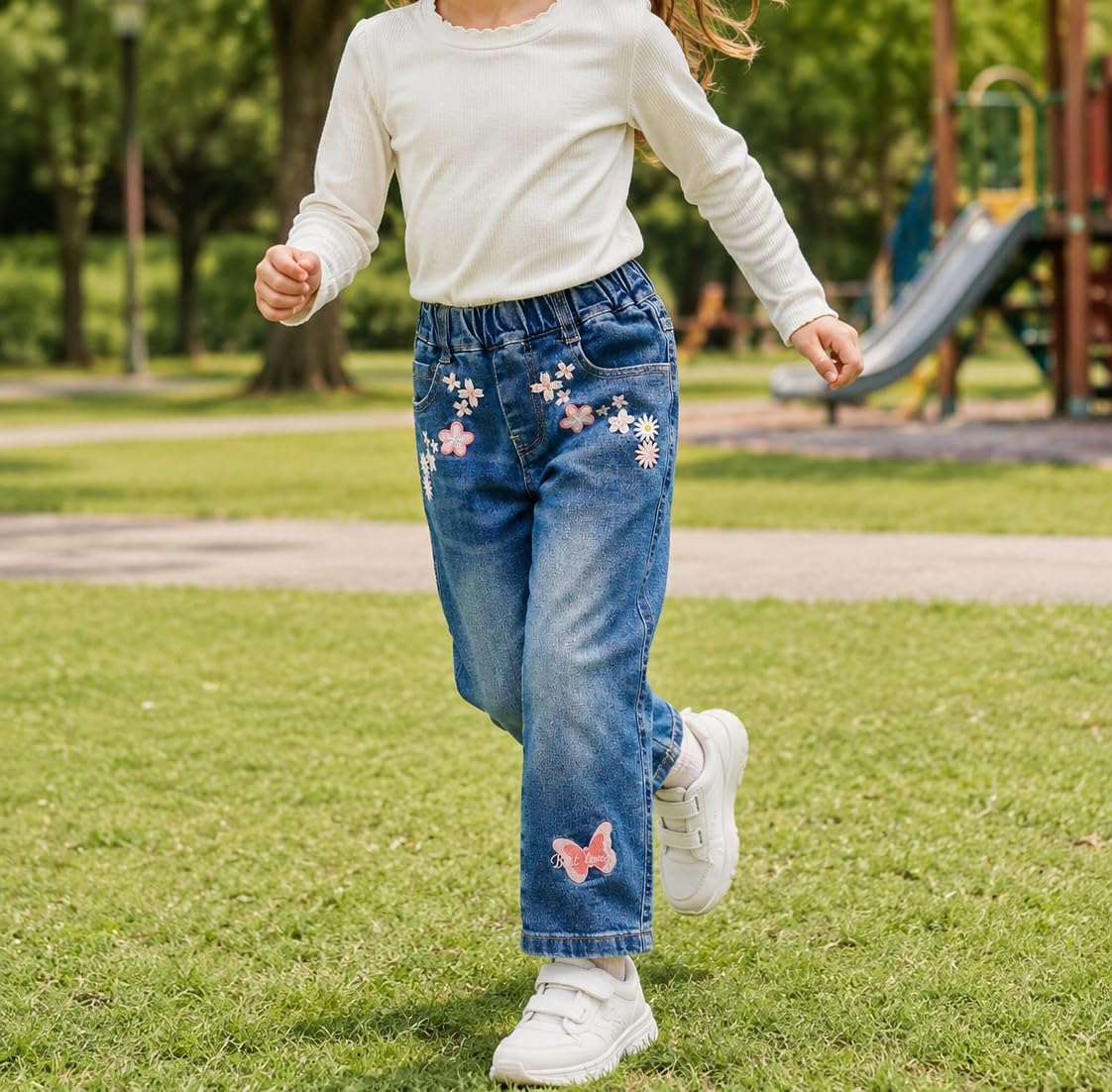 KIDSCOOL Girls Embroidered Jeans,4-15T Ribbed Elastic Waist Denim Pants | Big girls flower embroidery jeans, kids cute butterfly denim pants,comfy elastic waist trousers,fashion teen school wear
