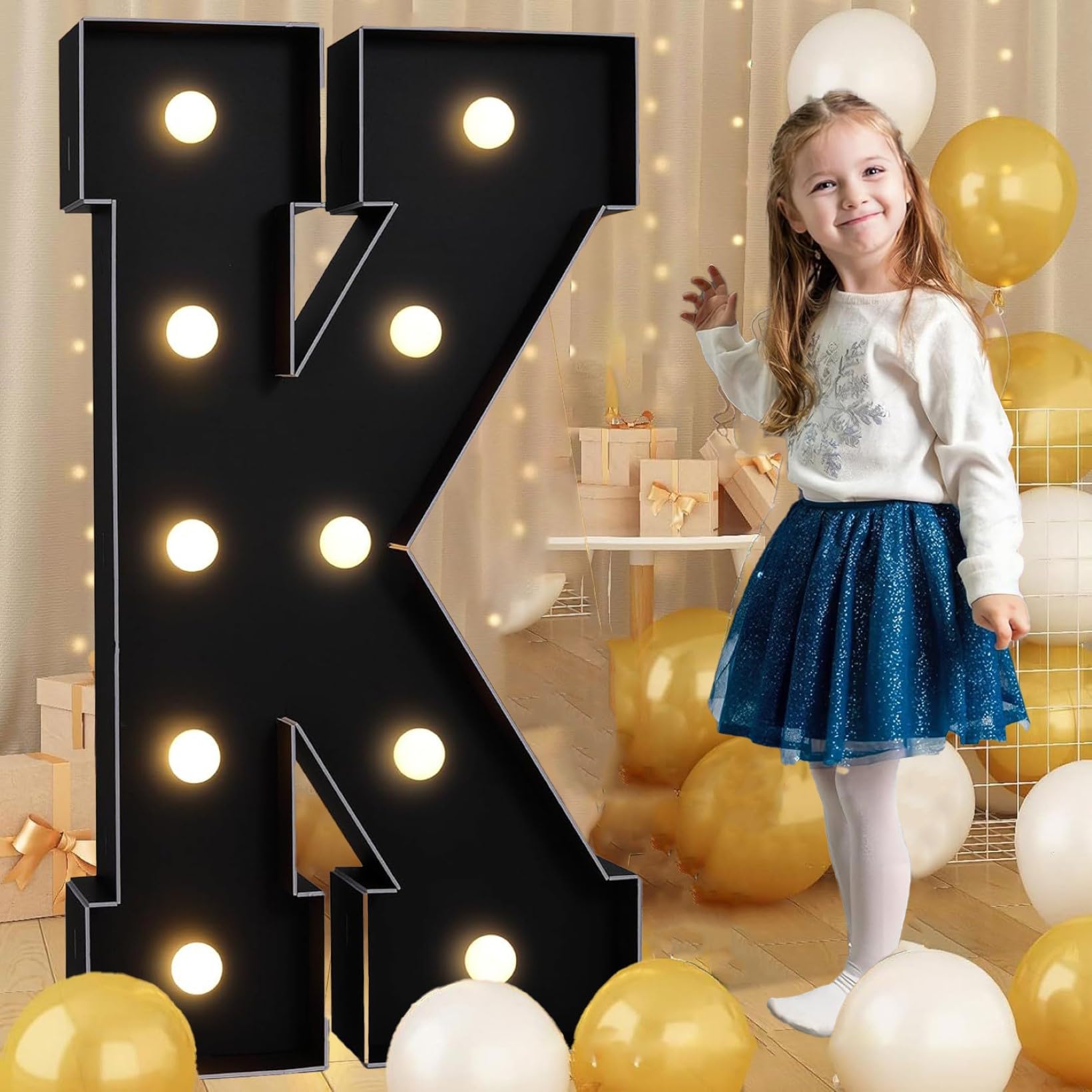 Black Marquee Light Up Letter K, Letter LED Light Sign Pre-cut Foam Glowing Mosaic Light Decor for Birthday Proposal Anniversary Wedding, 70CM/2.3FT