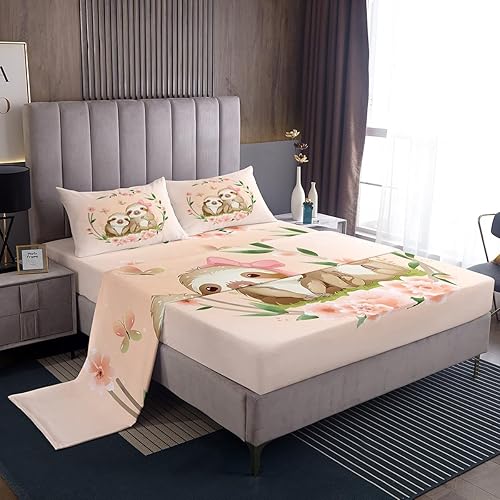 Miniatura 2 de Erosebridal Juego de sábanas y fundas de almohada, diseño de perezoso de dibujos animados, diseño de flores de cerezo japonés, juego de sábanas de