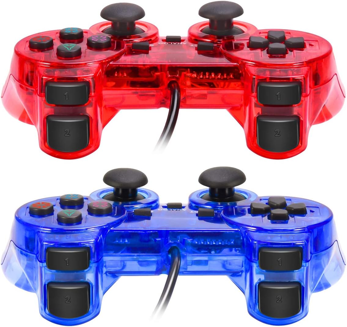 Cipon Wired Controllers Compatible with PS-2 Console, 2 Pack Vibration Gamepad Remote with 2.2M Cable (Red&Blue)