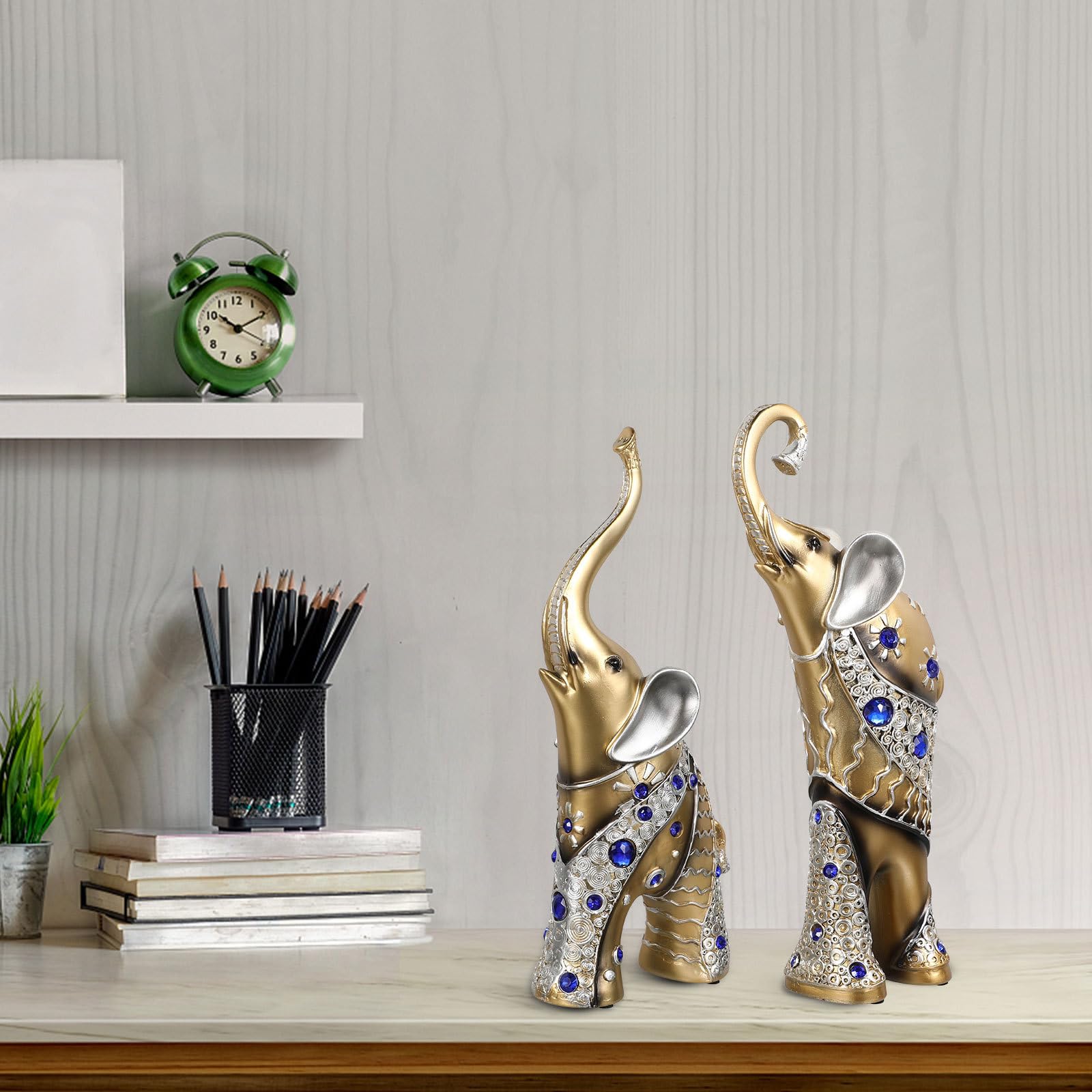 Figuras de Elefante Madre E Hijo de Resina Dorada 2 Piezas | Adornos para Interior y Coche, Estilo Clásico Exótico, Pieza Coleccionable para Escritorio