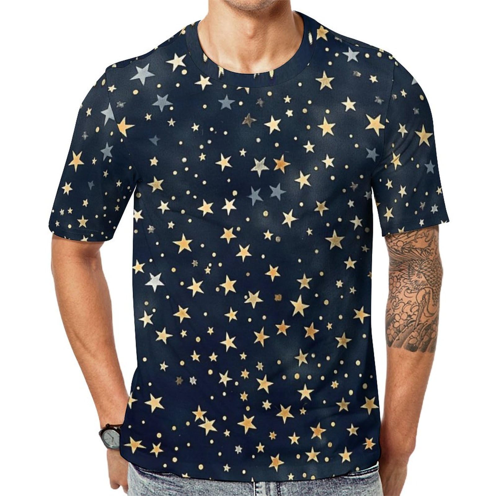 Pqerfosjd Men's Multi1 ’S T Shirt Stars Patterns Navy Blue Short Sleeves Tshirt Crew Neck T-Shirt