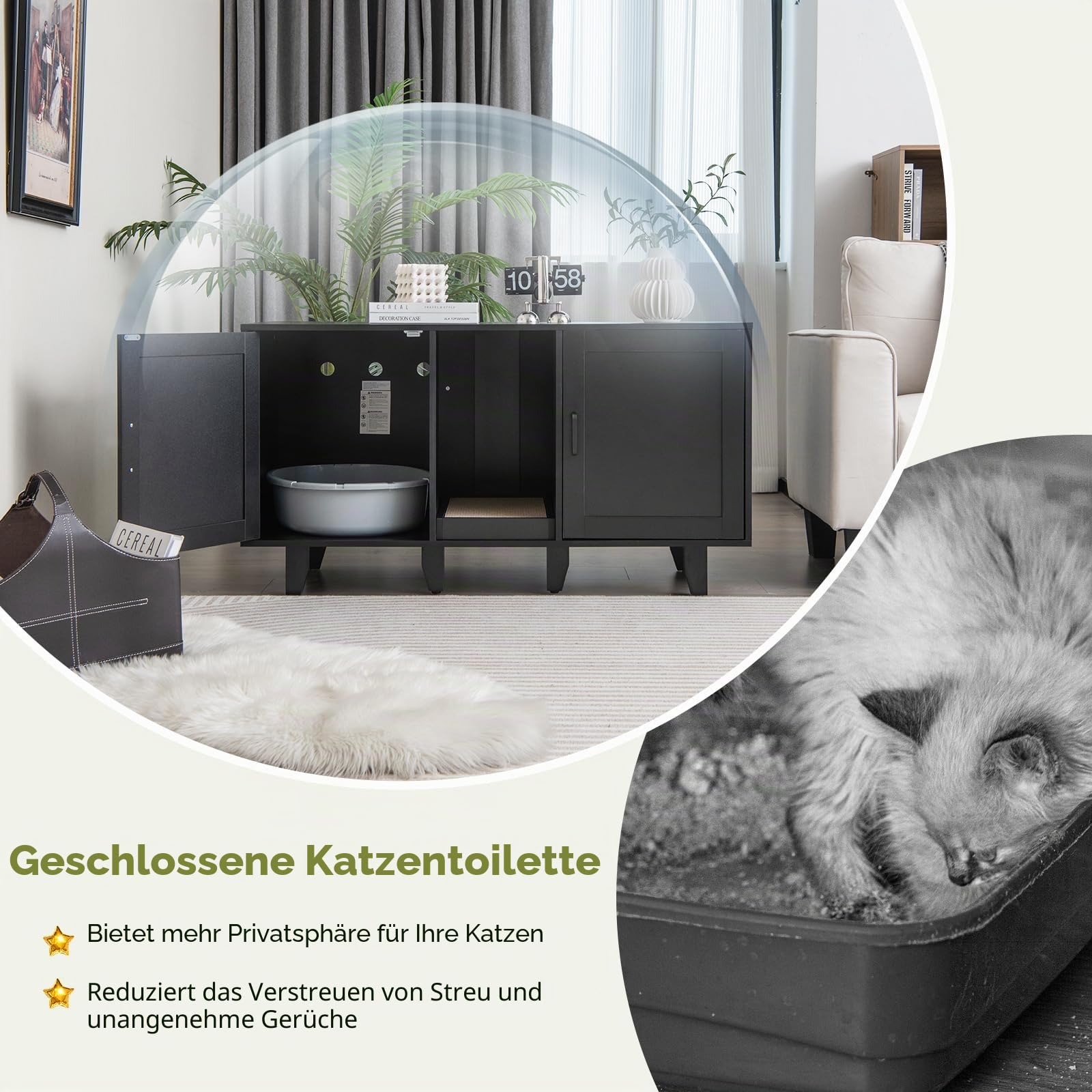 GYMAX Katzenklo Schrank für 2 Katzen, Katzenschrank für Katzentoilette mit 2 Türen, verdecktem Eingang & Kratzbrett, XXL Katzenhaus für große Katzen, Katzenklo Möbel, 120 x 52 x 65 cm (Schwarz)