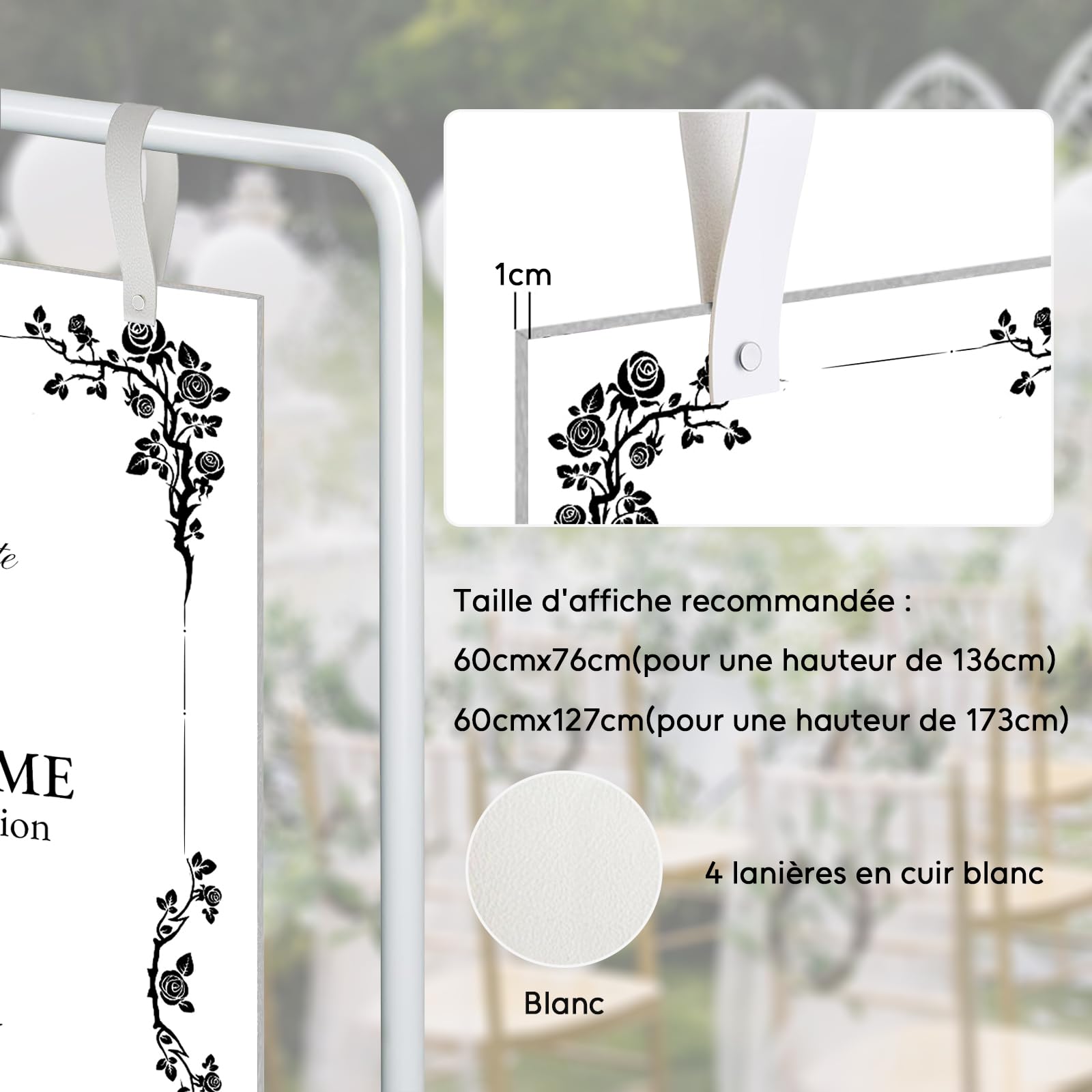 Support de panneau de mariage, 173x80x50cm, Support d'affiche de mariage réglable avec 4 sangles en cuir, adapté au plan de table, à la réception, aux affiches et à la décoration (Blanc)