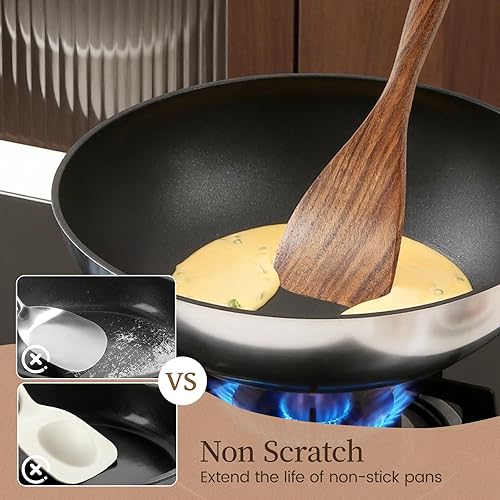 Miniatura 2 de Kikcoin Juego de Utensilios de Cocina de Madera, 10 PCS Cucharas de Madera Maciza de Teca para Cocinar con Mango Largo Resistentes al Calor Juego