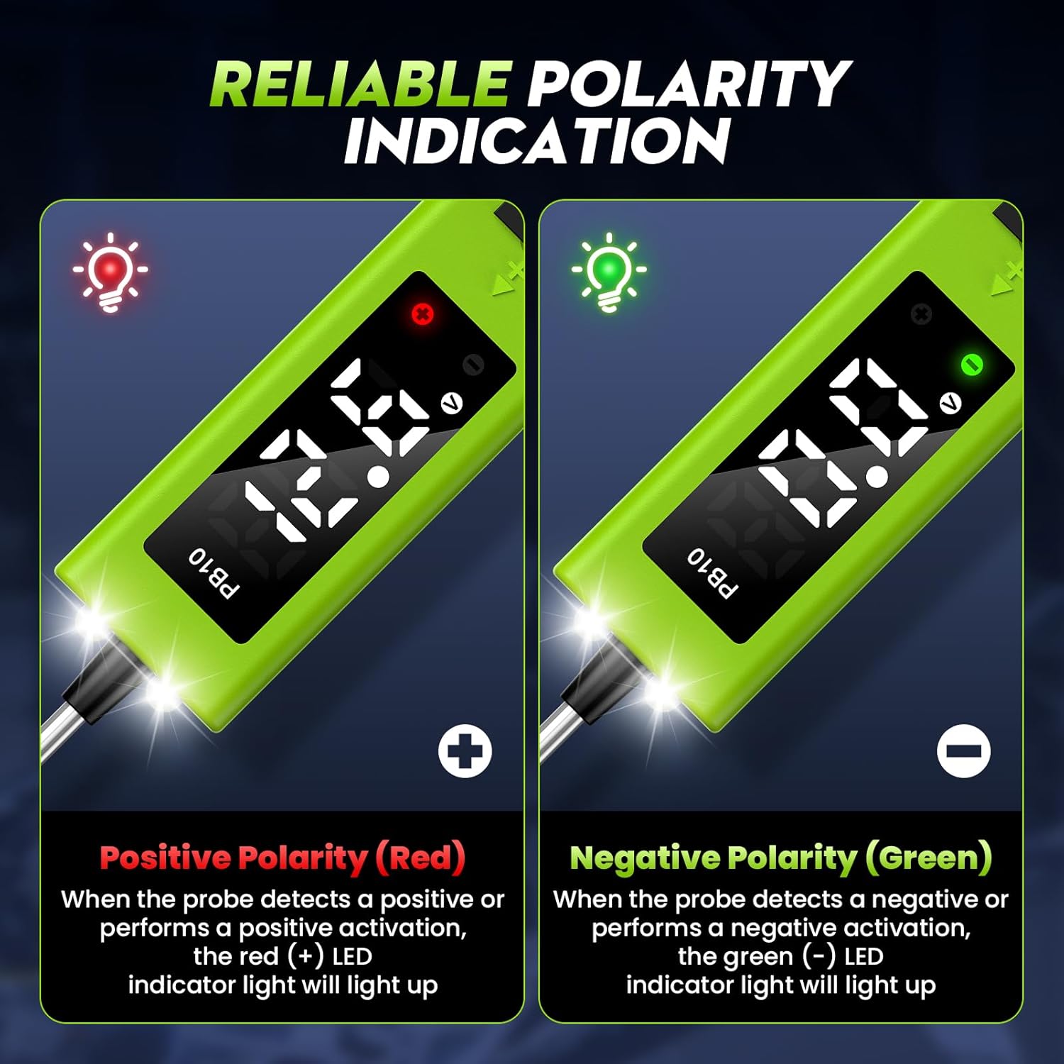 Two images of the JDIAG PB10 showing red light for positive polarity and green light for negative polarity