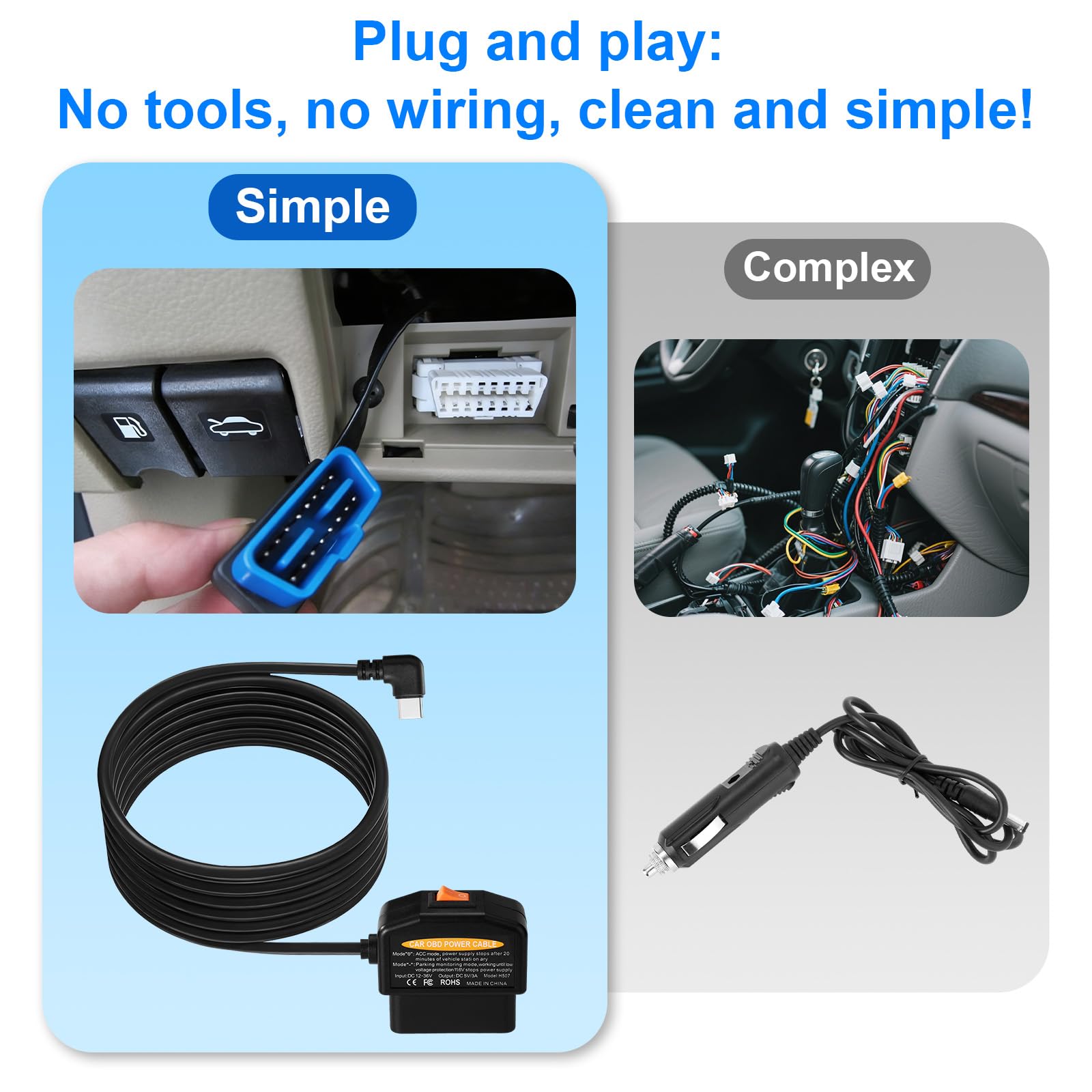 Kabel Zasilający OBD2 do Kamery Samochodowej, Zabezpieczenie Przed Niskim Napięciem (11,6V/23,4V) Adapter OBD do Typu C Tryb Parkowania 24/7 i Tryb wykrywania ACC Nagrywanie Ciągłe Plug & Play