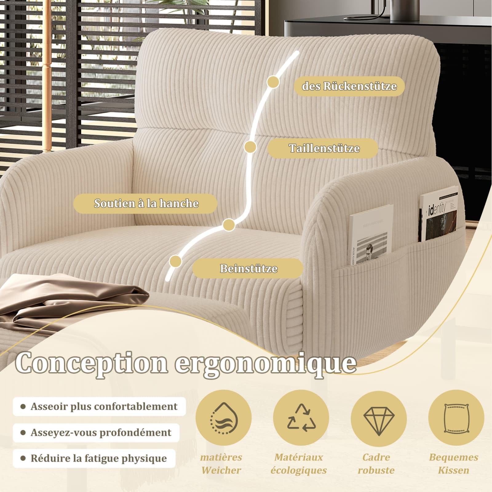 KOMHTOM Fauteuil Simple Places en Velours Côtelé avec Dossier Haut Confortable, 4 Poches et Pieds en Métal - Canapé d'angle Moderne pour Salon, Chambre à Coucher et Bureau (Beige - 1 Place)
