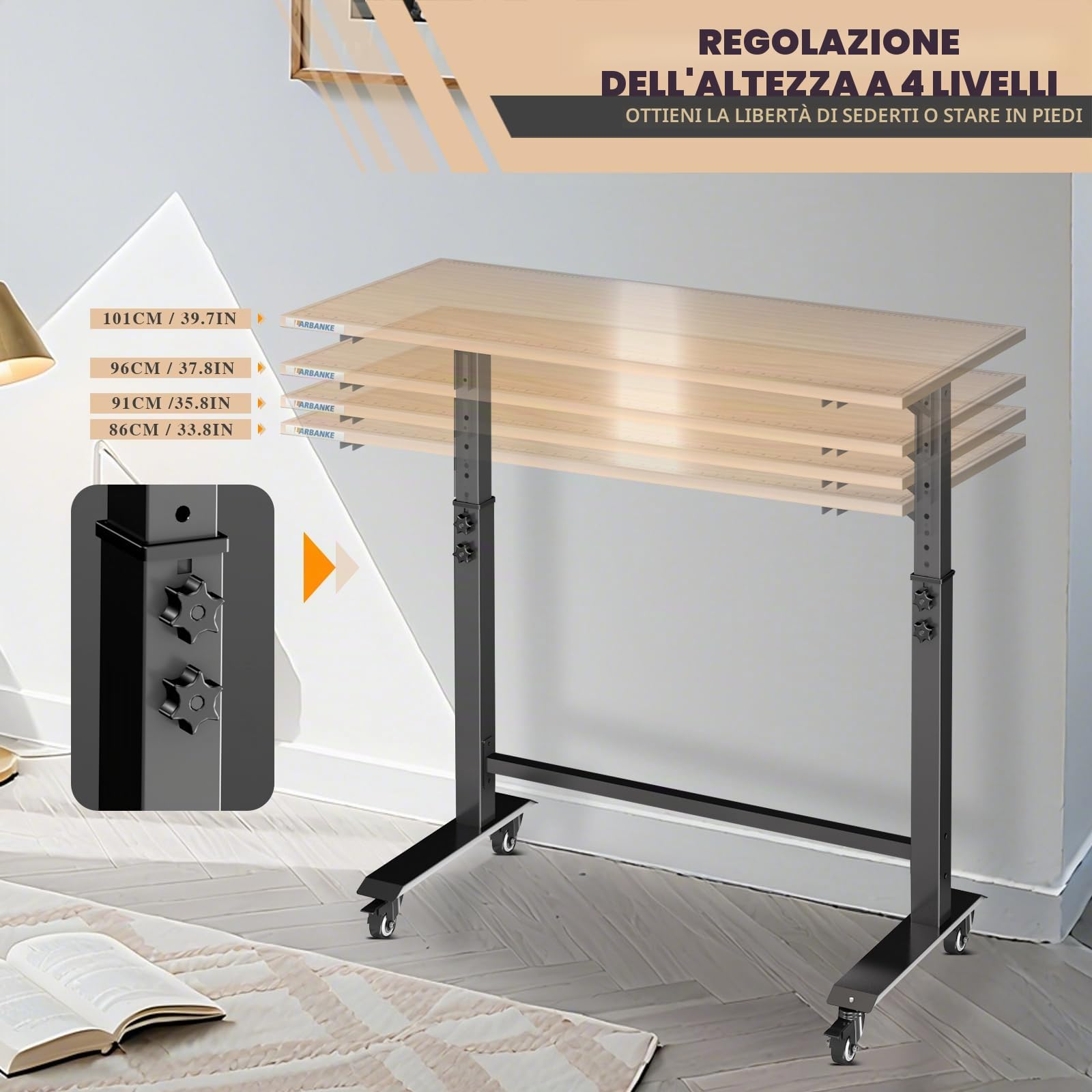 LARBANKE Banco da lavoro pieghevole da 114 cm con scala, banco da lavoro da 84 cm a 104 cm, con cinque altezze, con 4 ruote freno a 360° e poggiapiedi, banco da lavoro pieghevole per una facile