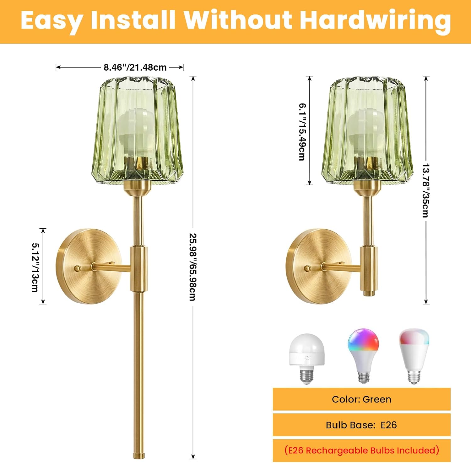 Crystal Battery Operated Wall Sconces Set of 2, Green Rechargeable Wireless Wall Sconce Lights with Crystal Lampshade, 12 RGB and 3CCT Dimmable Wall Lamps for Bedroom Living Room Hallway Decor, 2 Pack