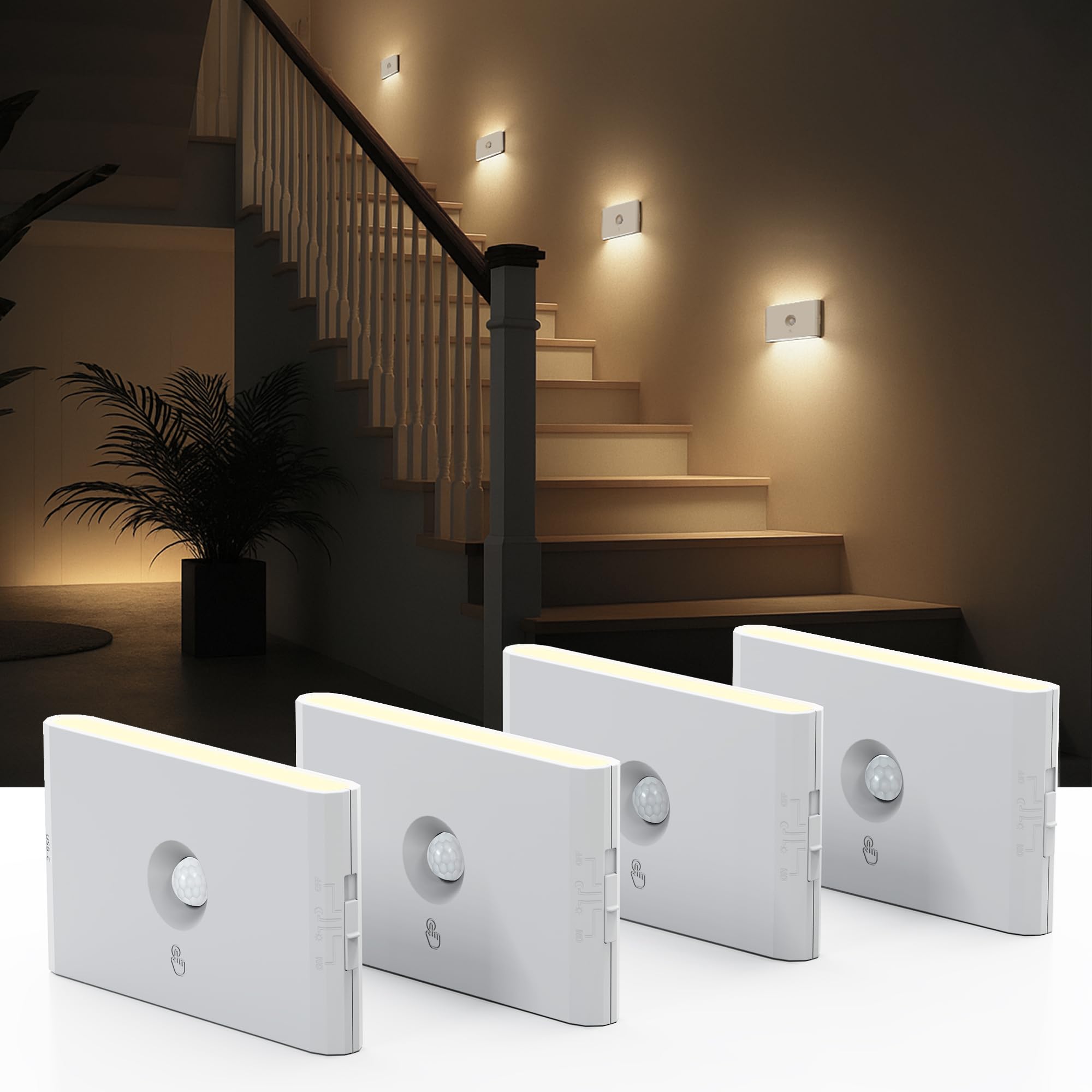 LOHAS-LED Nachtlicht mit Bewegungsmelder, Aufladbar Treppenbeleuchtung mit Bewegungsmelder, 4 Modi (Auto Tag/Nacht-ON-OFF), Nachtlicht Kinder für Treppe, Schlafzimmer, Küche, Flur, 4 Stück
