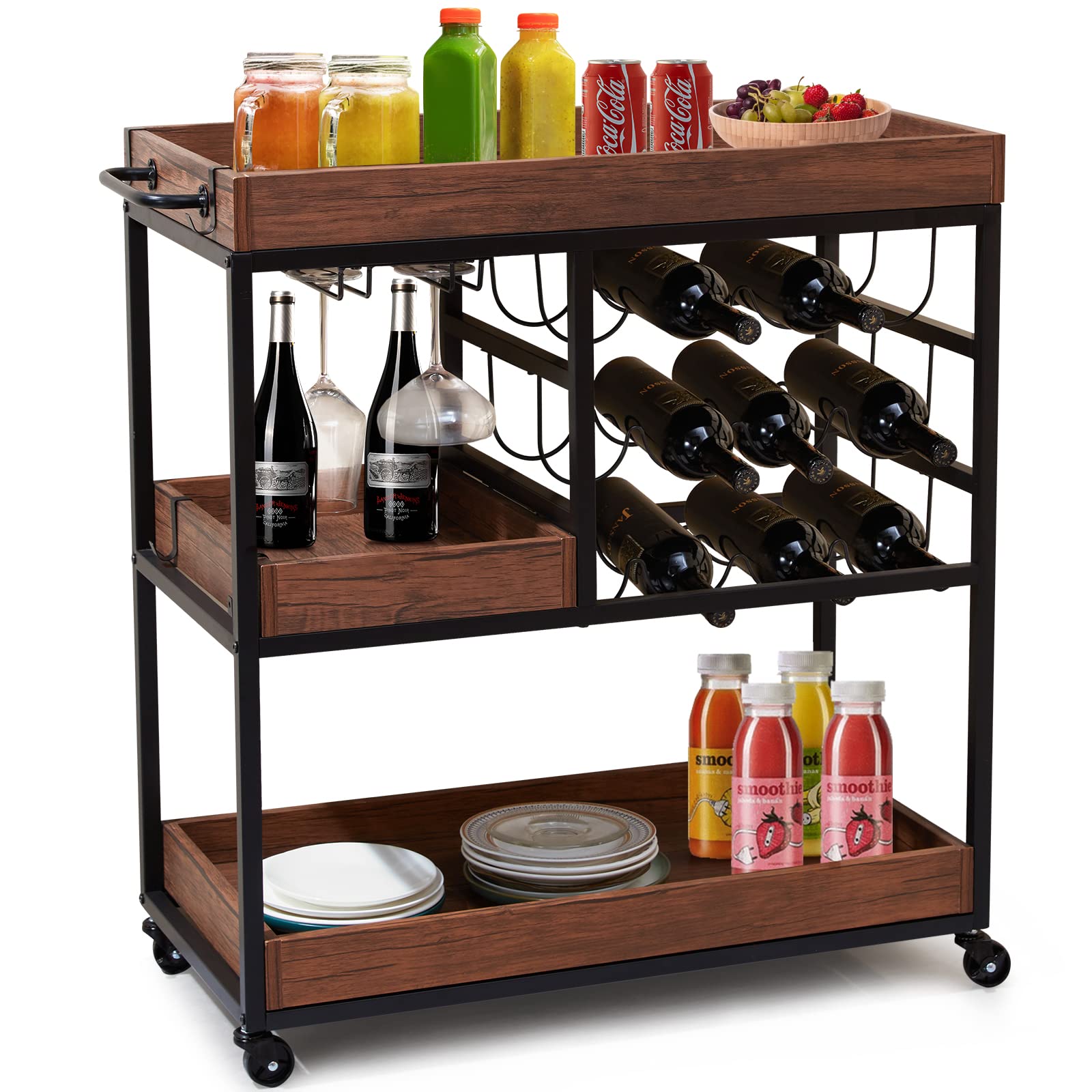 Rolling Bar Cart for Home, Wood Tabletop Kitchen Island w/Wheels, Wine Trolley Utility Storage Cabinet, 15.7 x 36.6 x 35.4 Inches, Towel Spice Rack (Style 4, Brown2)