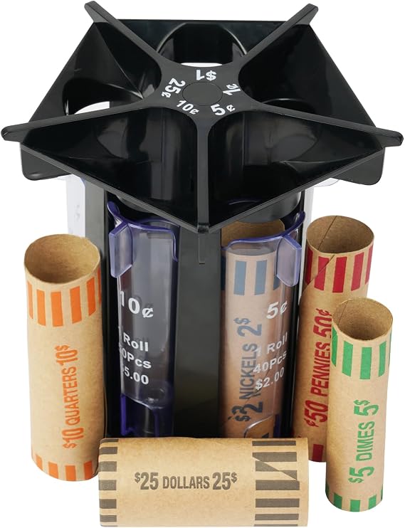 Ainiv Coin Sorter Tube Coin Counter with Coin Wrappers, 5-in-1 Change Sorter Coin Organizer, Change Counter Machine Coin Holder Coin Roller, Accurate & Easy to Use