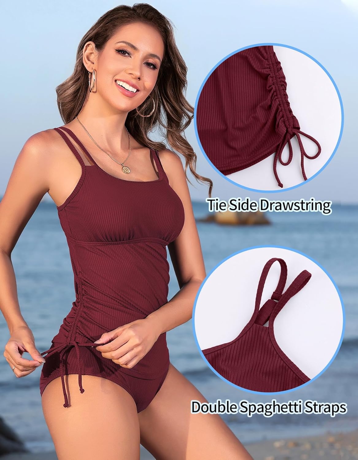 ANFILIA Two Piece Tankini Swimsuits for Women Ribbed Drawstring Tankini Top with Bottom Tummy Control Bathing Suit