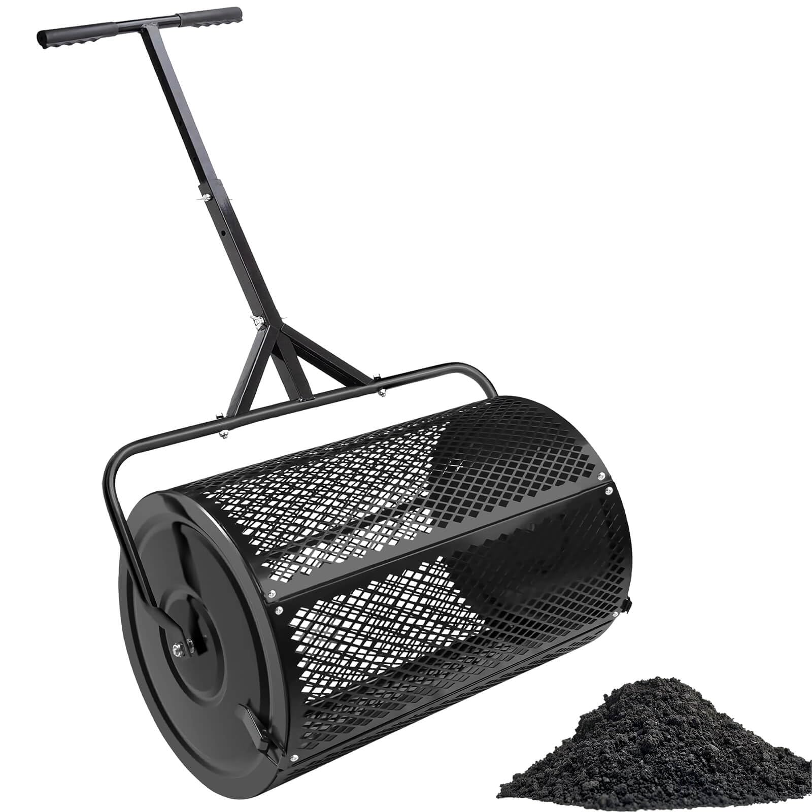 GEEPINCompost Spreader. Peat Moss Spreader 24" Roller Lawn Spreader with Height Adjustable T Shaped Handle, Steel Mesh Basket Garden Spreader with Side Latches, for Spreading Manure Topsoil, Black L