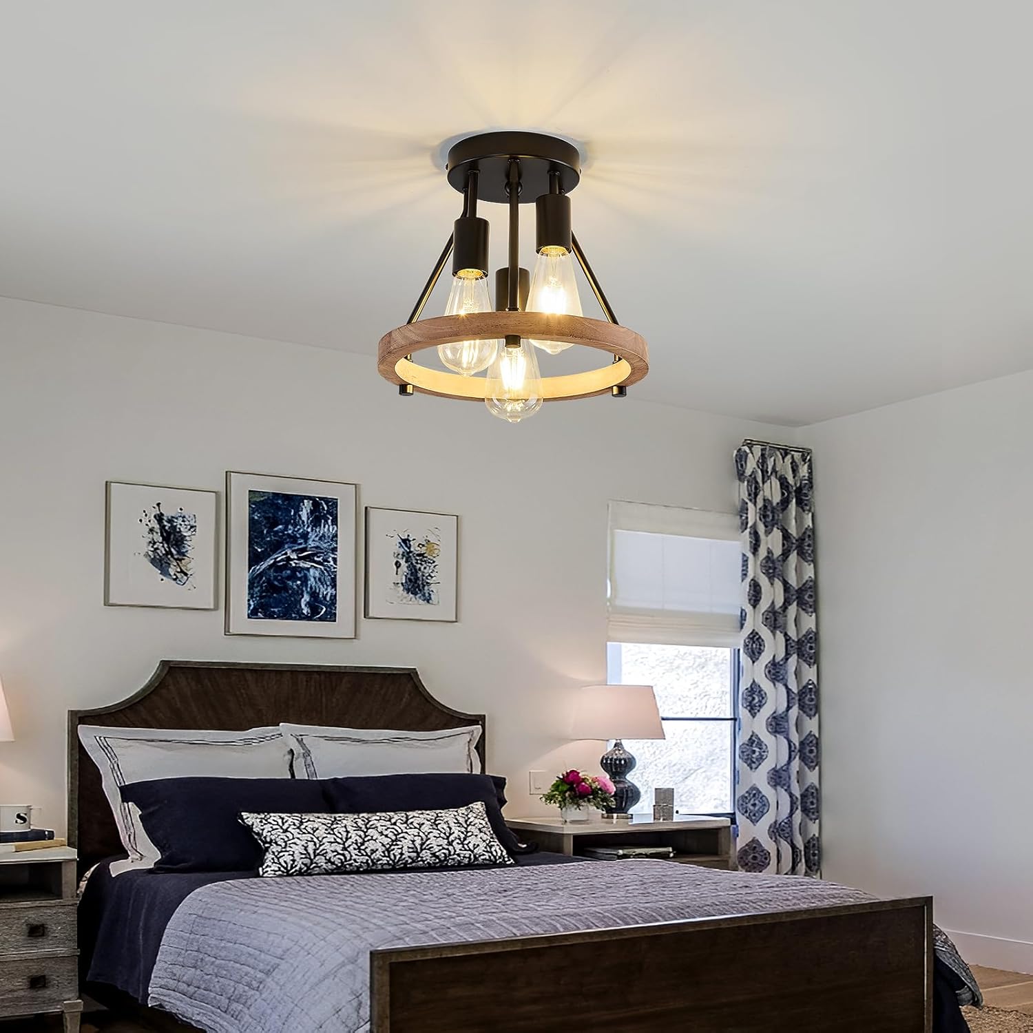 3-Light Wood Semi Flush Mount Ceiling Light Fixture Metal Rustic Ceiling Light Industrial Farmhouse Chandelier for Hallway Entryway Bedroom Kitchen Foyer Passway Balcony