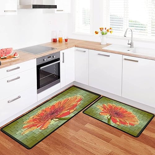 Miniatura 1 de Juego de alfombras de cocina cuadradas de mosaico floreciente naranja gerbera flor vitral para ventana de piso antideslizante, lavable, alfombra de
