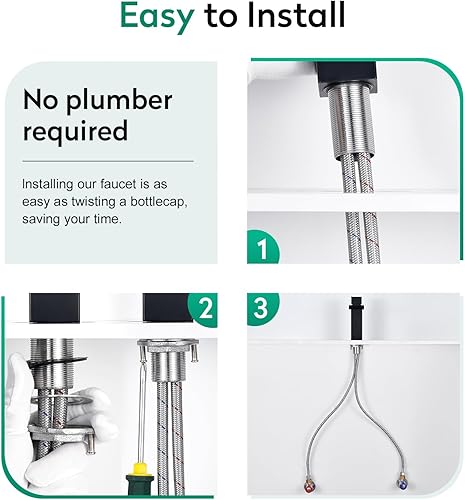 Miniatura 8 de CREA Grifo de baño de cascada negra de 1 agujero, grifo de baño negro mate de una sola manija con tapón de drenaje desplegable, placa de 3 agujeros,