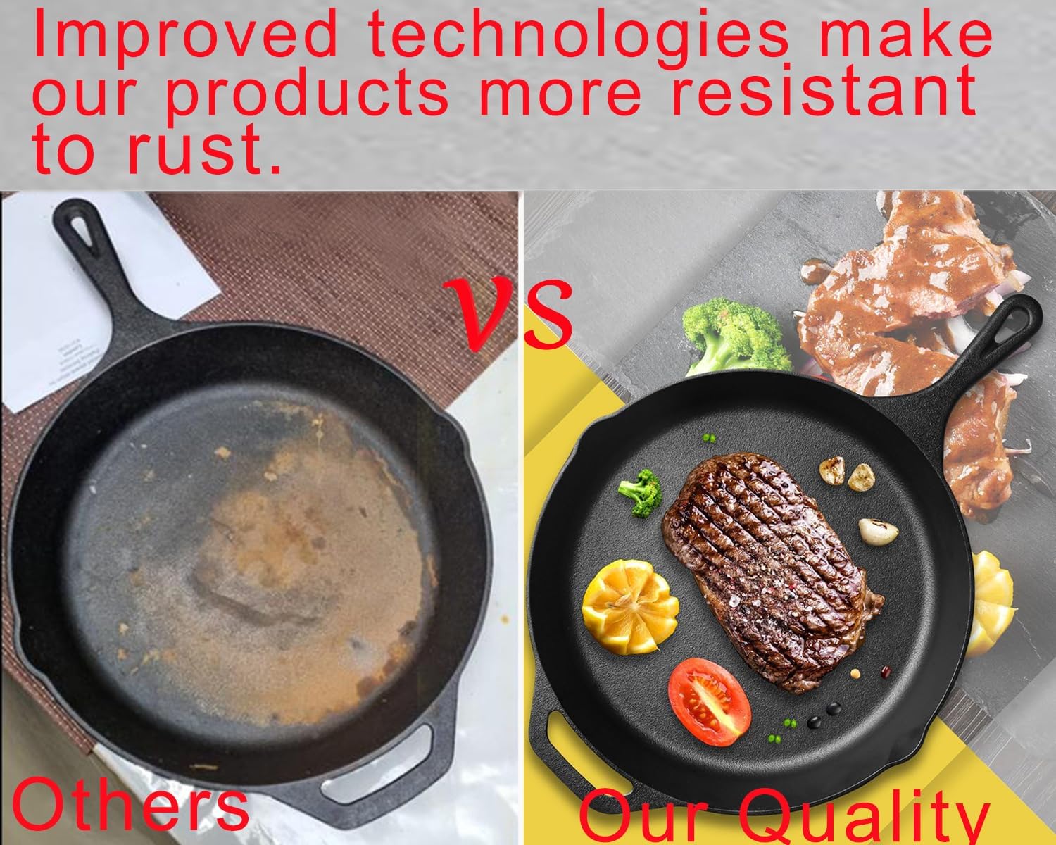 Cast Iron Skillet Pre-Seasoned Cookware-6", 8", 10" Pans 3 Piece Set Heavy Duty Professional Chef Tools with Silicone Hot Handle Holder